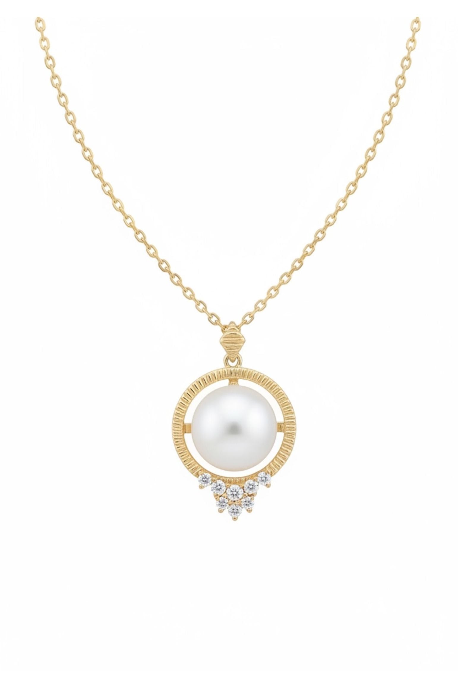 Solid 14k Gold Diamond and Pearl Empress Necklace