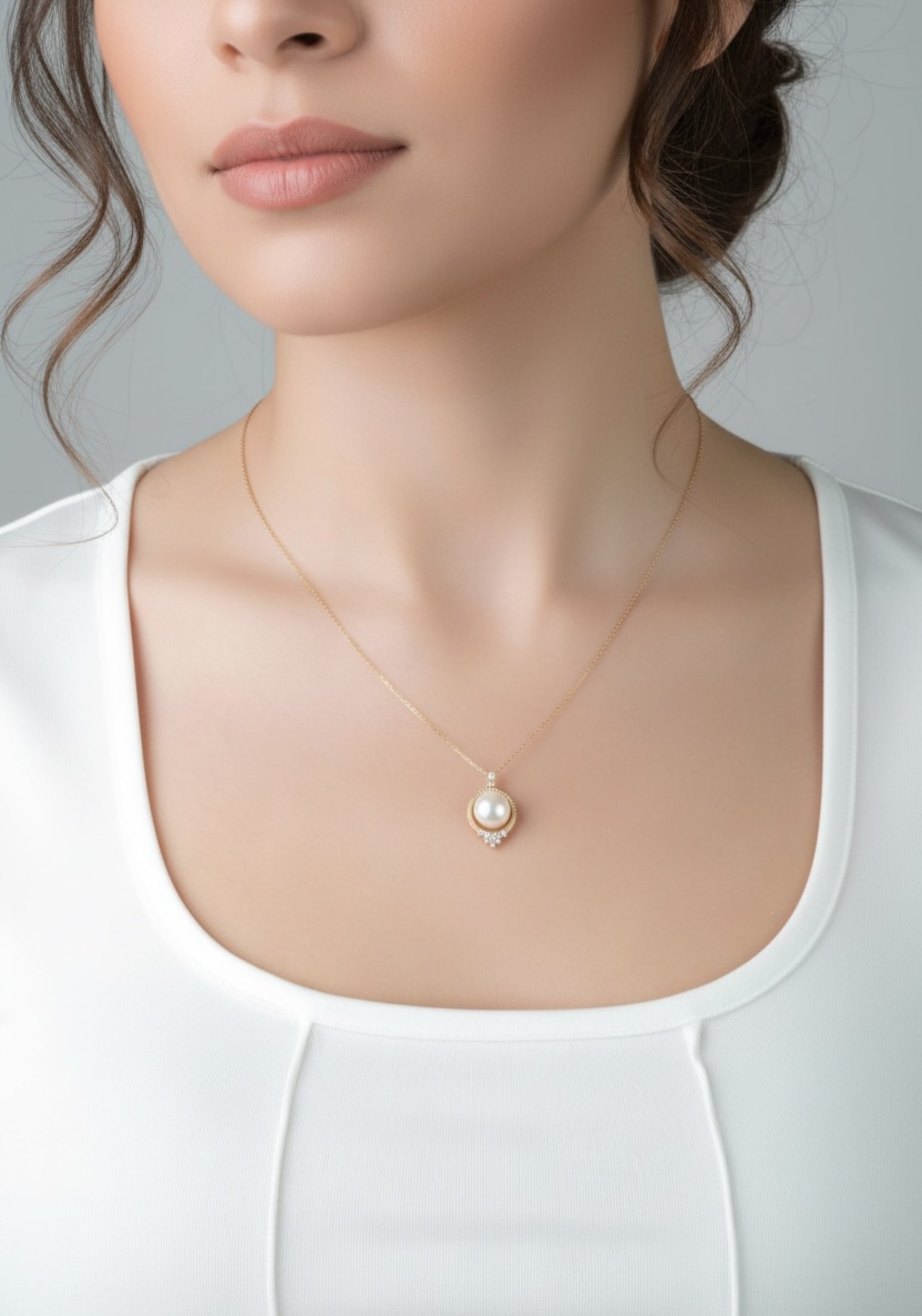 Solid 14k Gold Diamond and Pearl Empress Necklace