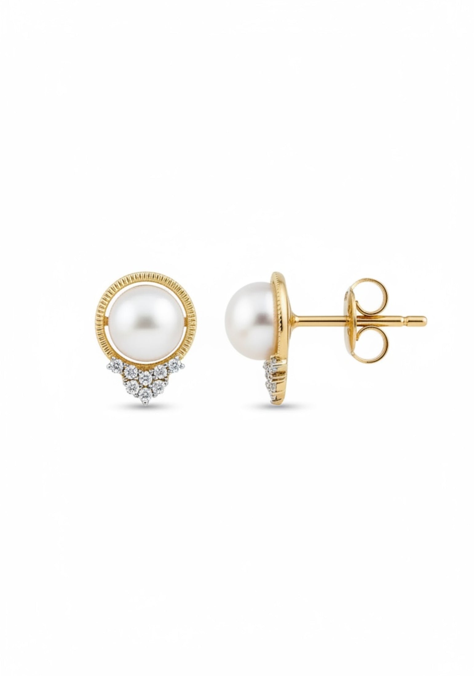Pair of pearl earrings with gold accents on a white background