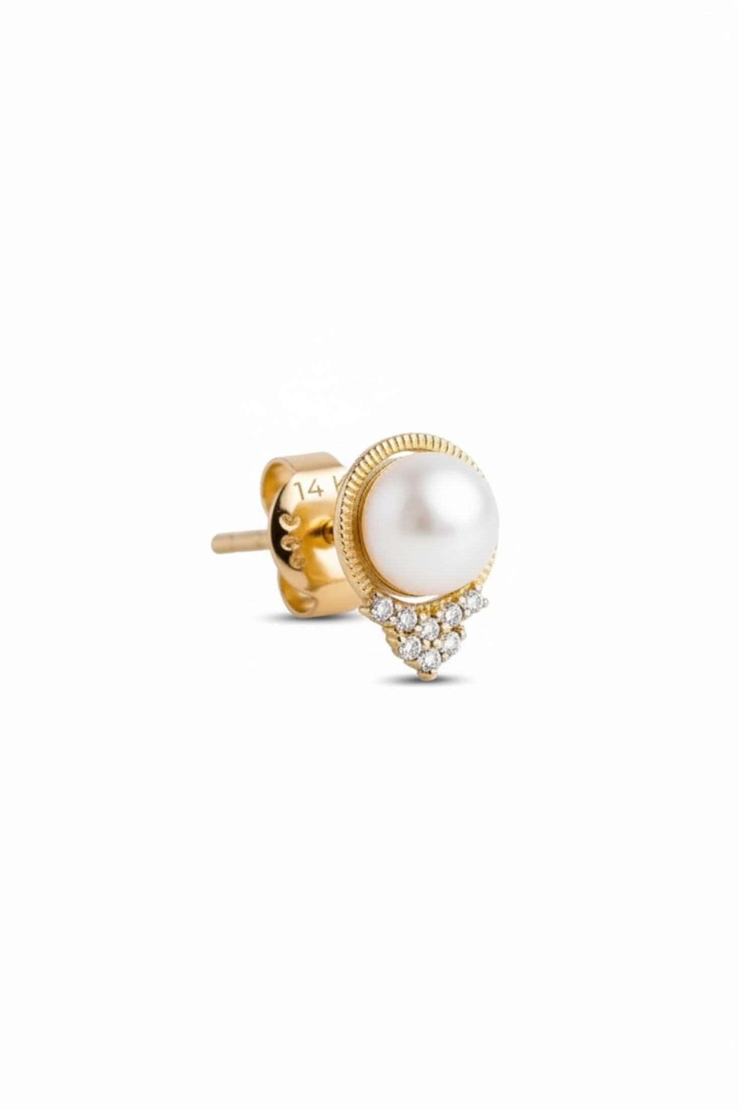 Gold earring with a pearl on a white background