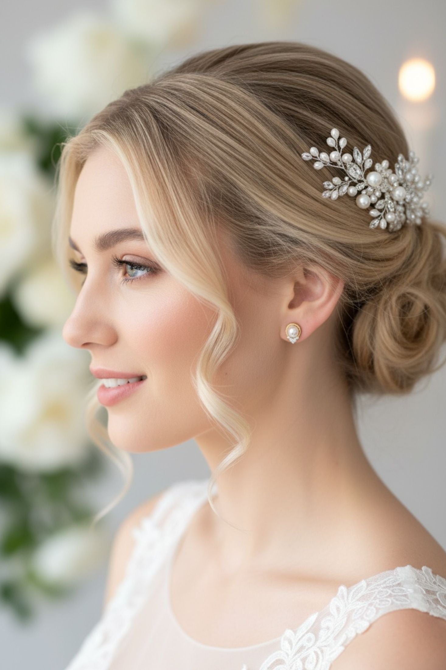 Woman with elegant hairpiece and pearl earrings against a blurred floral background