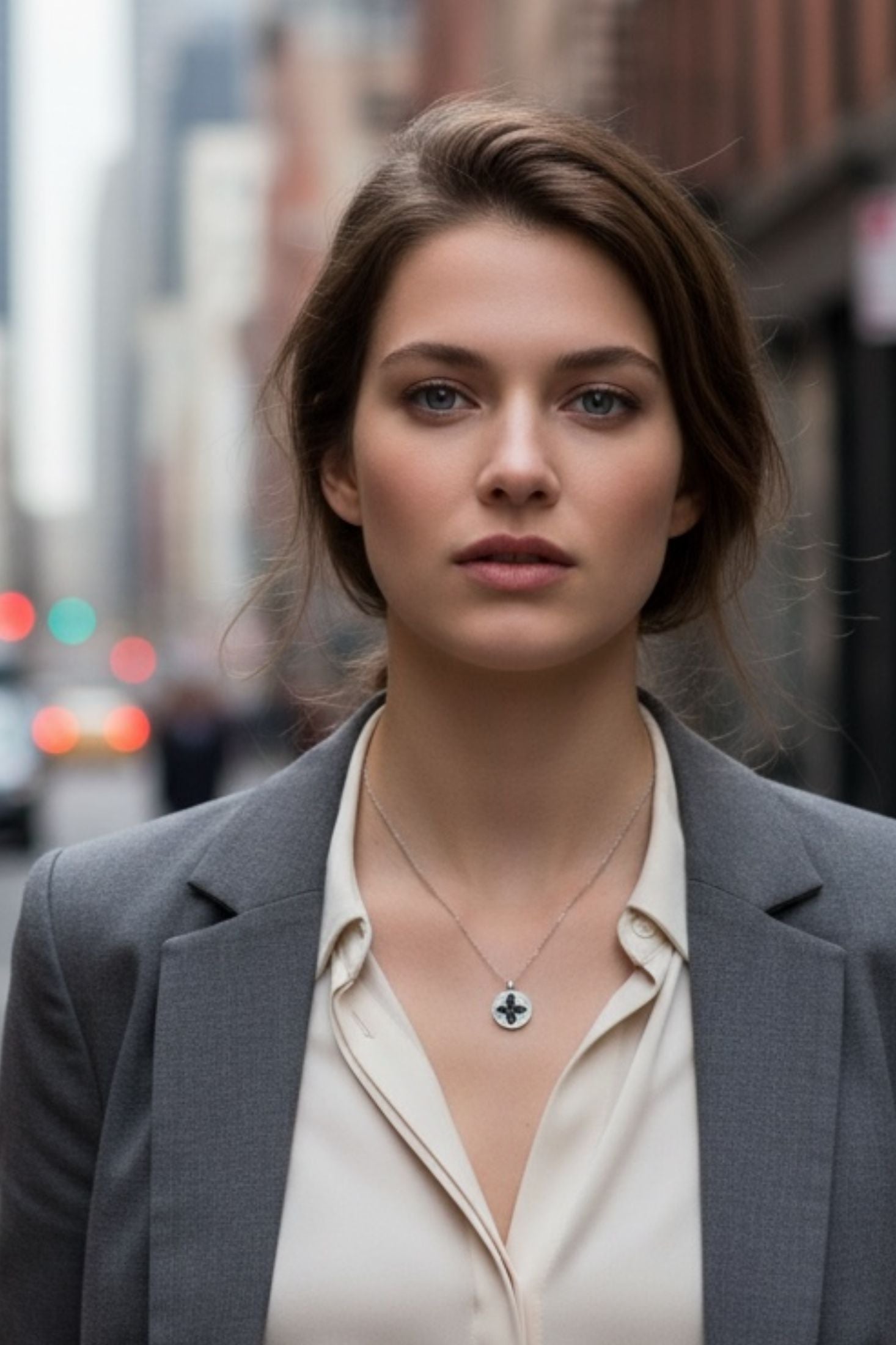 Woman wearing a gray blazer and beige shirt with a black and silver clover pendant necklace in an urban setting