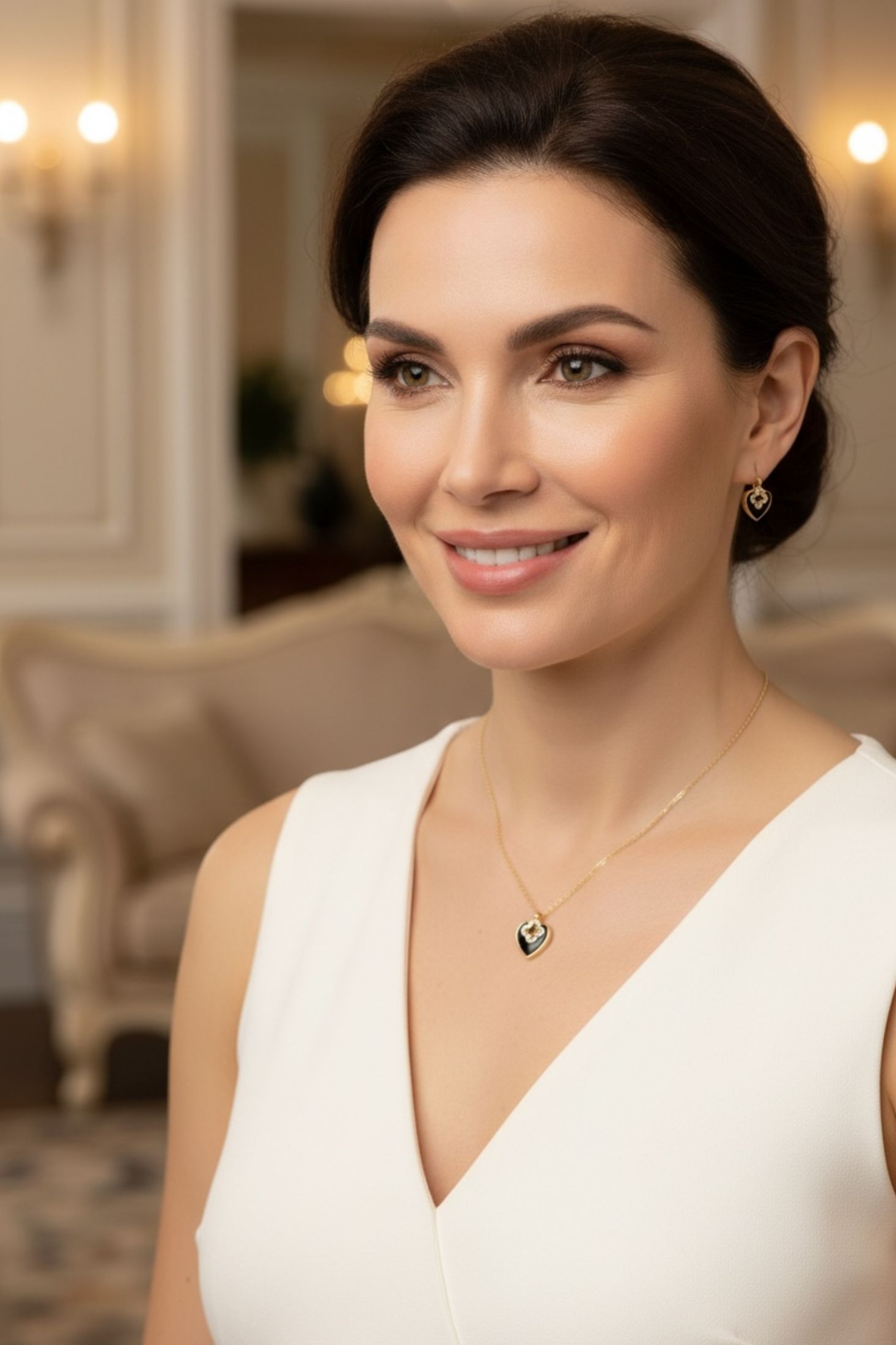 Woman wearing a necklace with a heart pendant in an elegant indoor setting