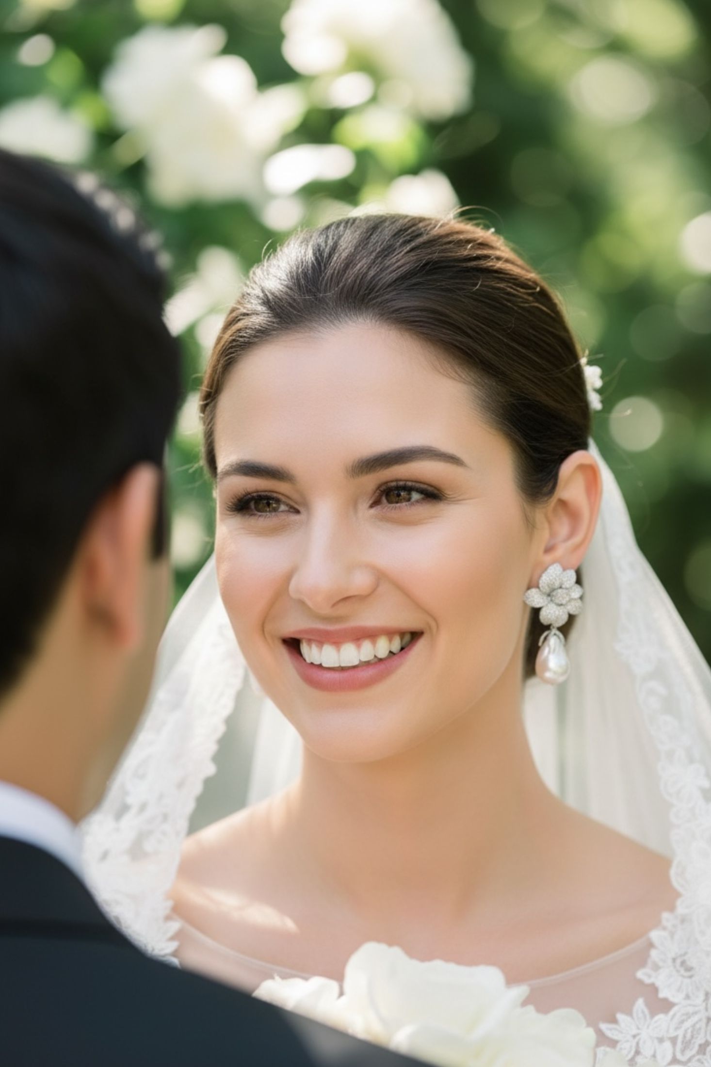 Woman in a wedding dress smiling at a man outdoors wearing silver floral pearl drop earrings