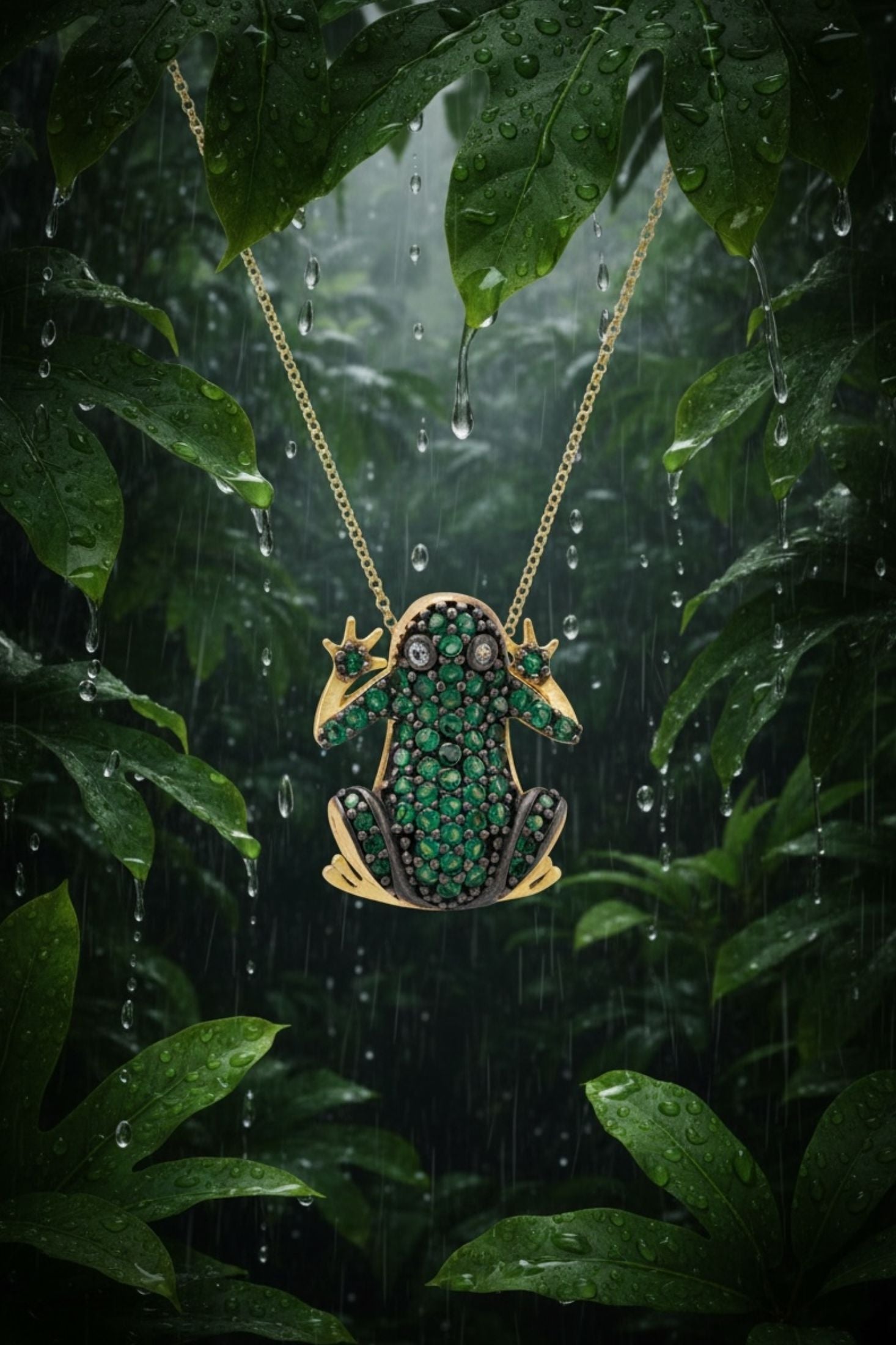 Gold frog pendant with green gemstones on a chain against a rain-drenched leaf background