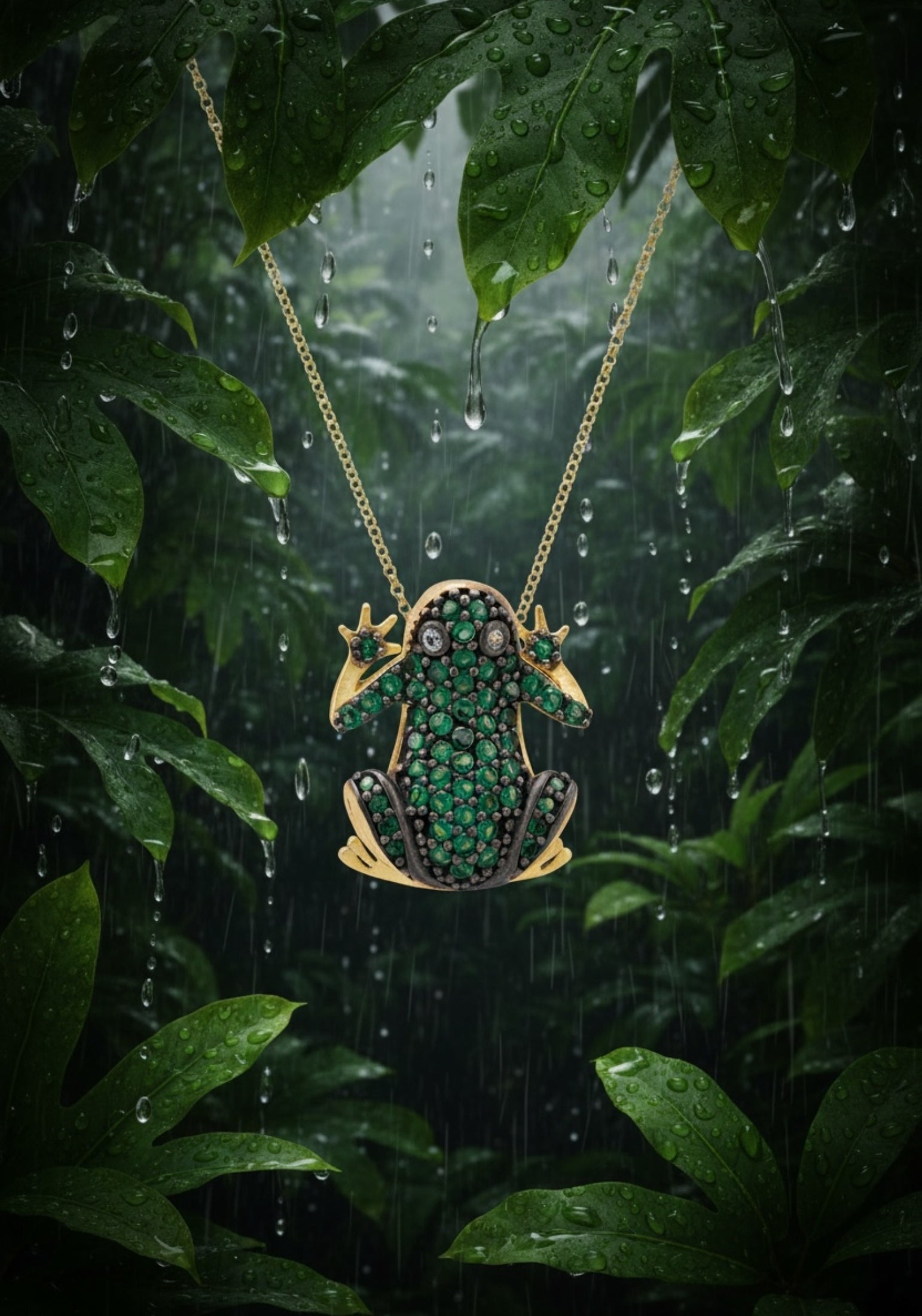 Gold frog pendant with green gemstones on a chain against a rain-drenched leaf background