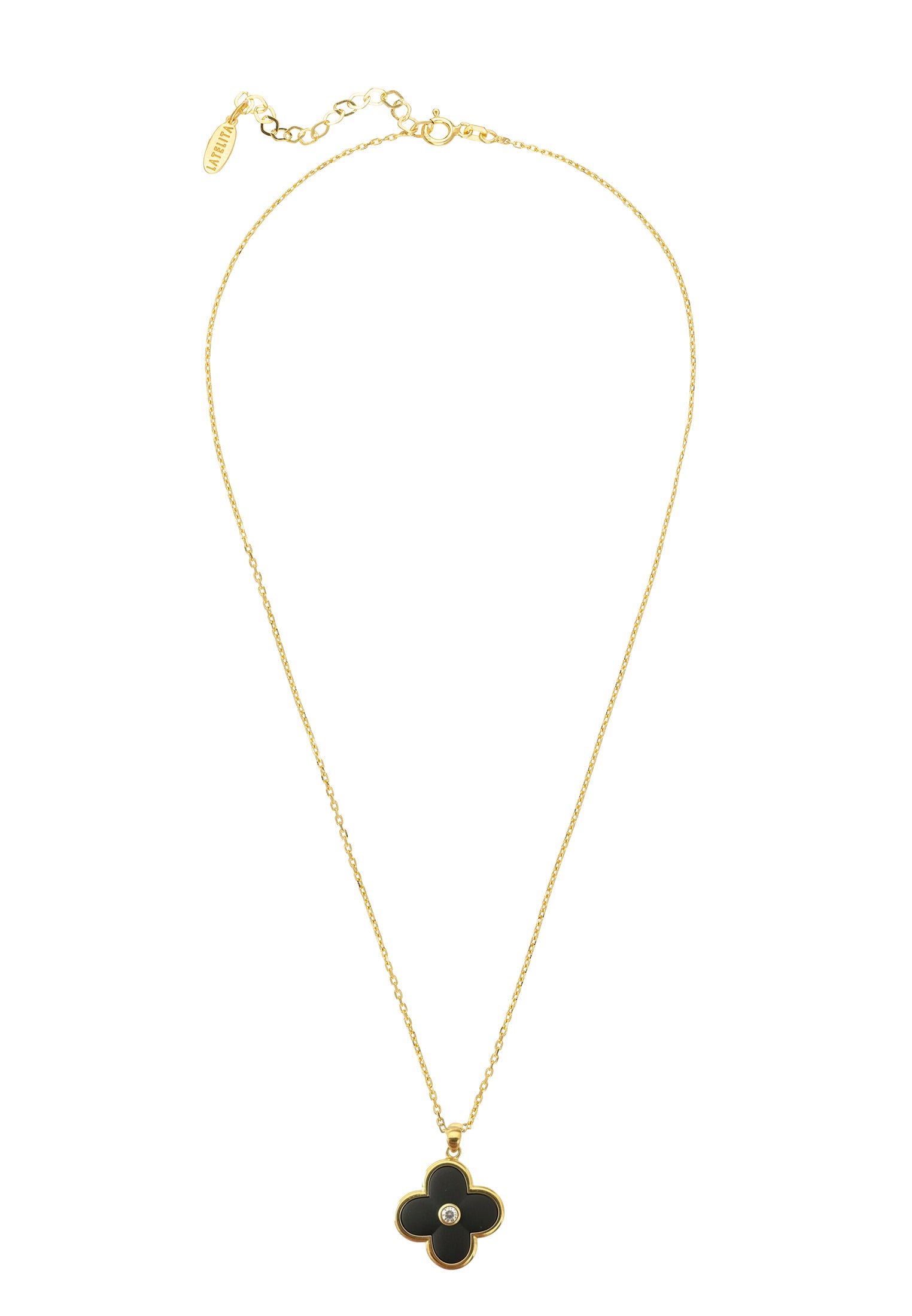Gold necklace with a clover-shaped pendant on a white background