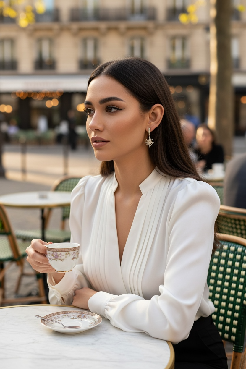 Woman in a white blouse sitting at an outdoor cafe table with a cup of coffee wearing gold star-shaped earrings with silver gemstones