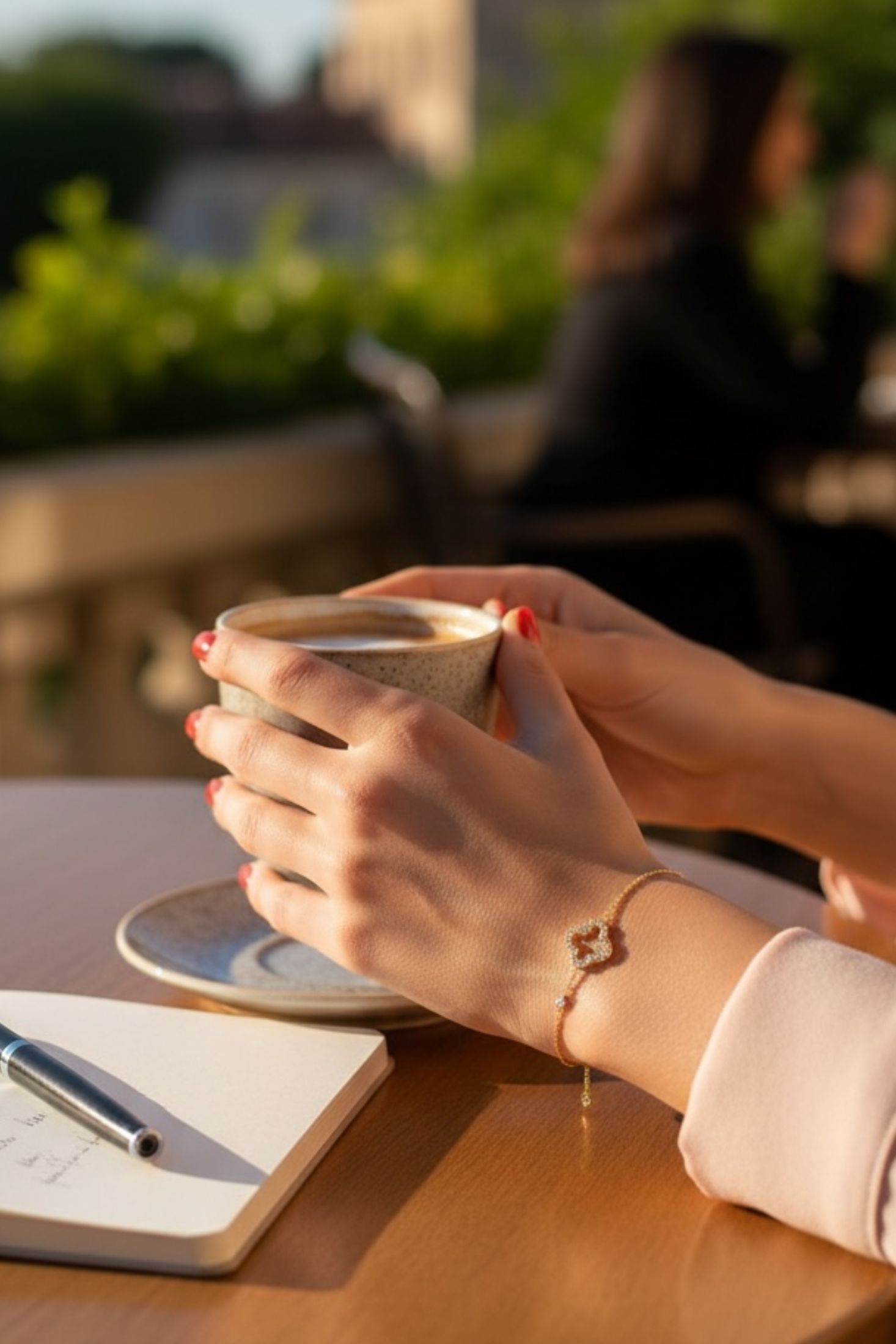 Person holding a cup of coffee wearing a gold clover bracelet