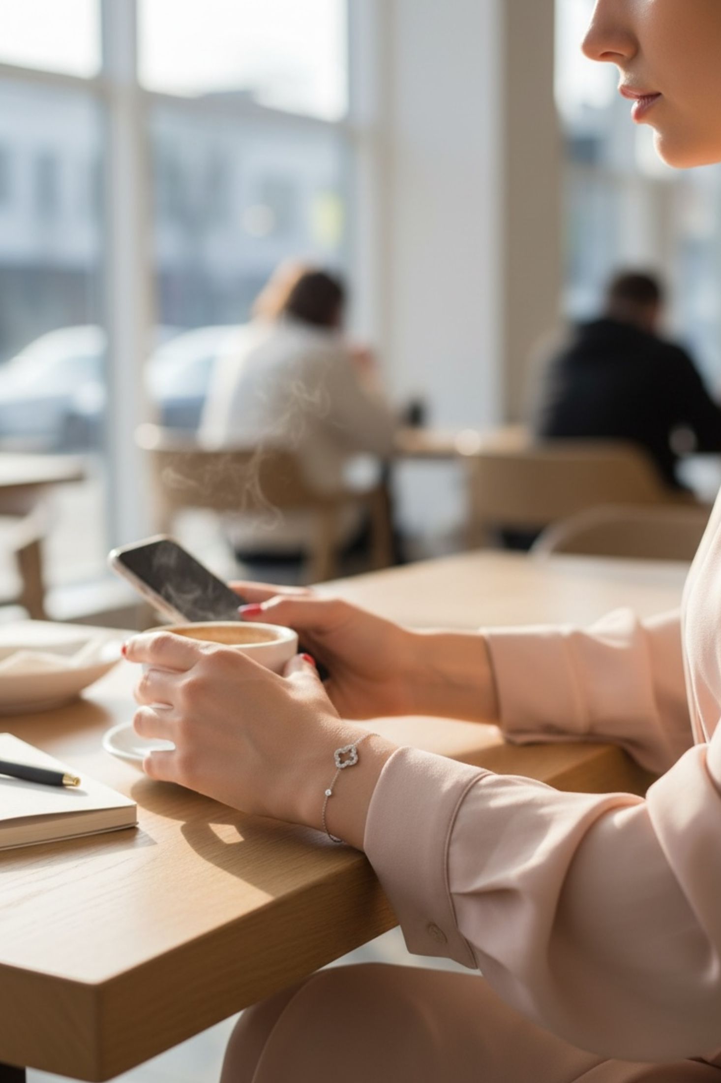 Person holding a smartphone and a cup of coffee with a silver clover bracelet on their wrist