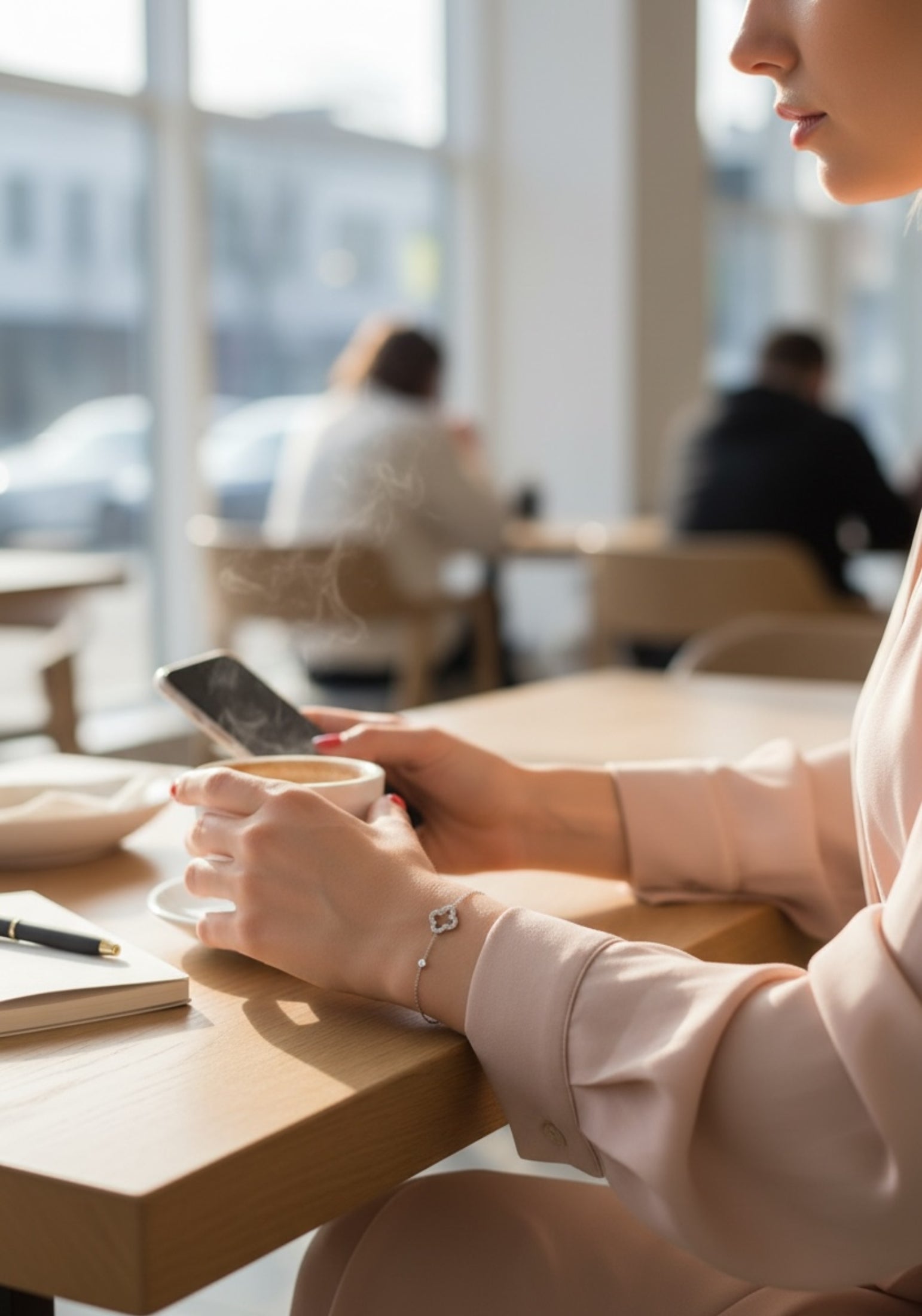 Person holding a smartphone and a cup of coffee with a silver clover bracelet on their wrist