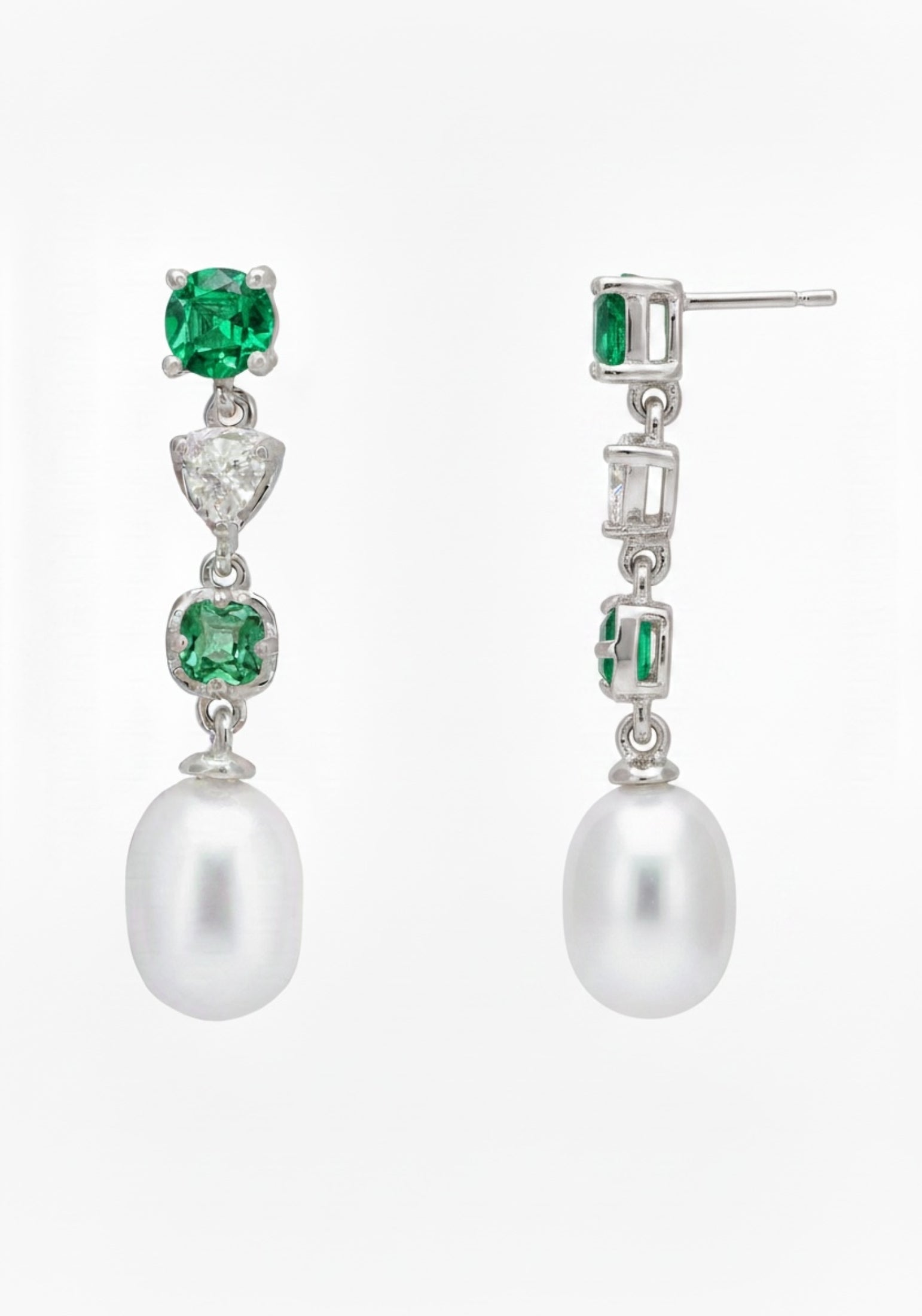 Pearl Whisper Drop Earrings Emerald Silver