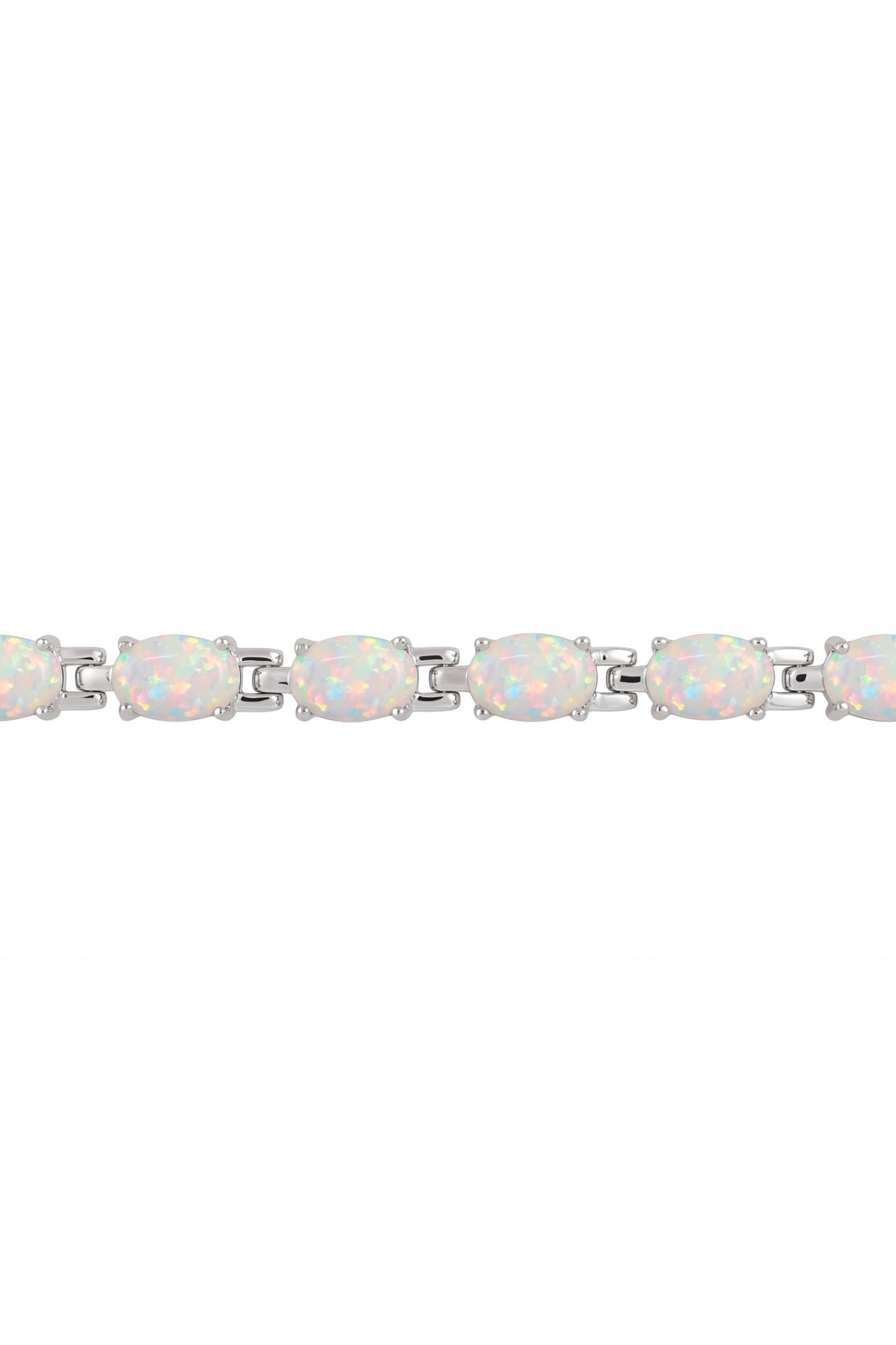 Angled view of White Opal Tennis Bracelet Silver, showing silver finish and the jewellery profile.