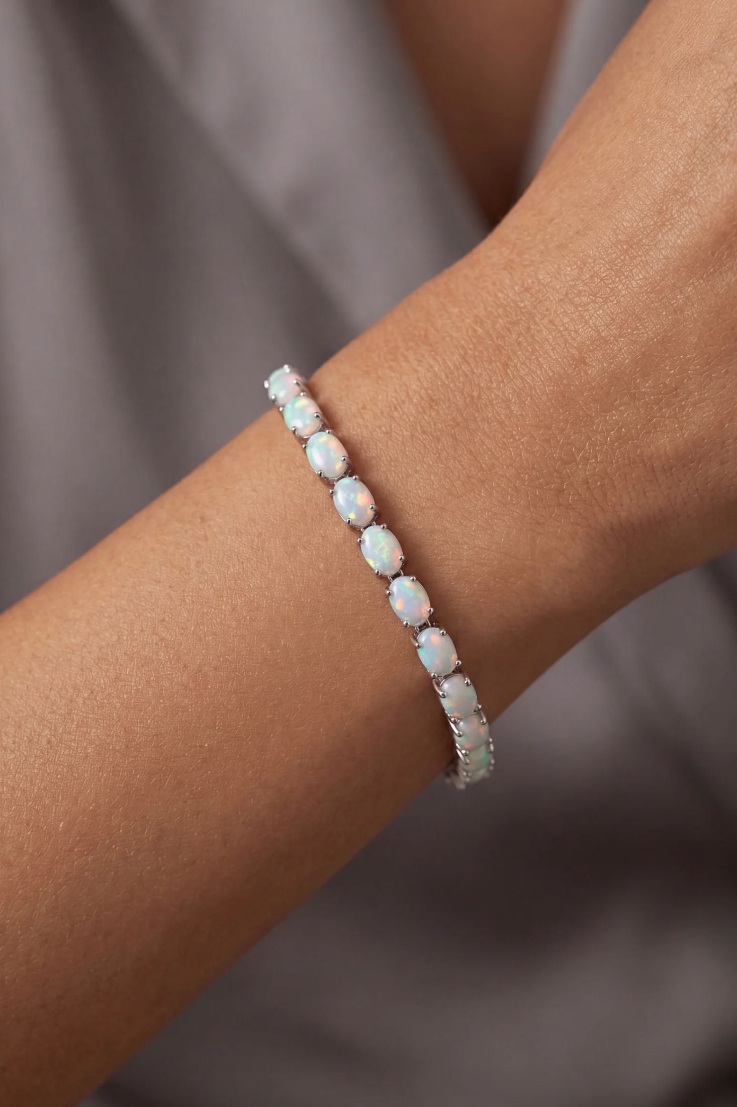 Close-up of White Opal Tennis Bracelet Silver, highlighting silver finish.