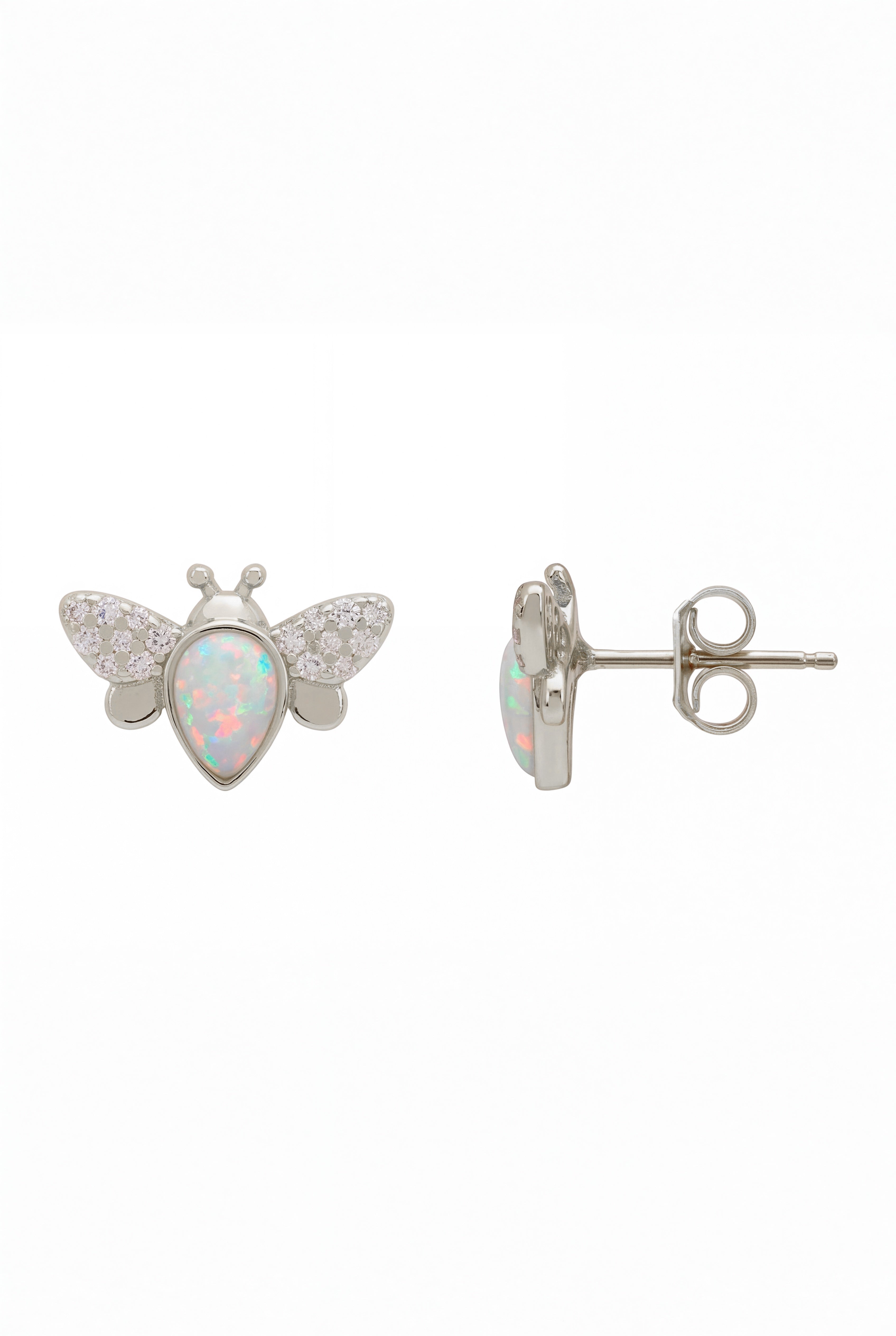Busy Bee White Opal Stud Earrings Silver