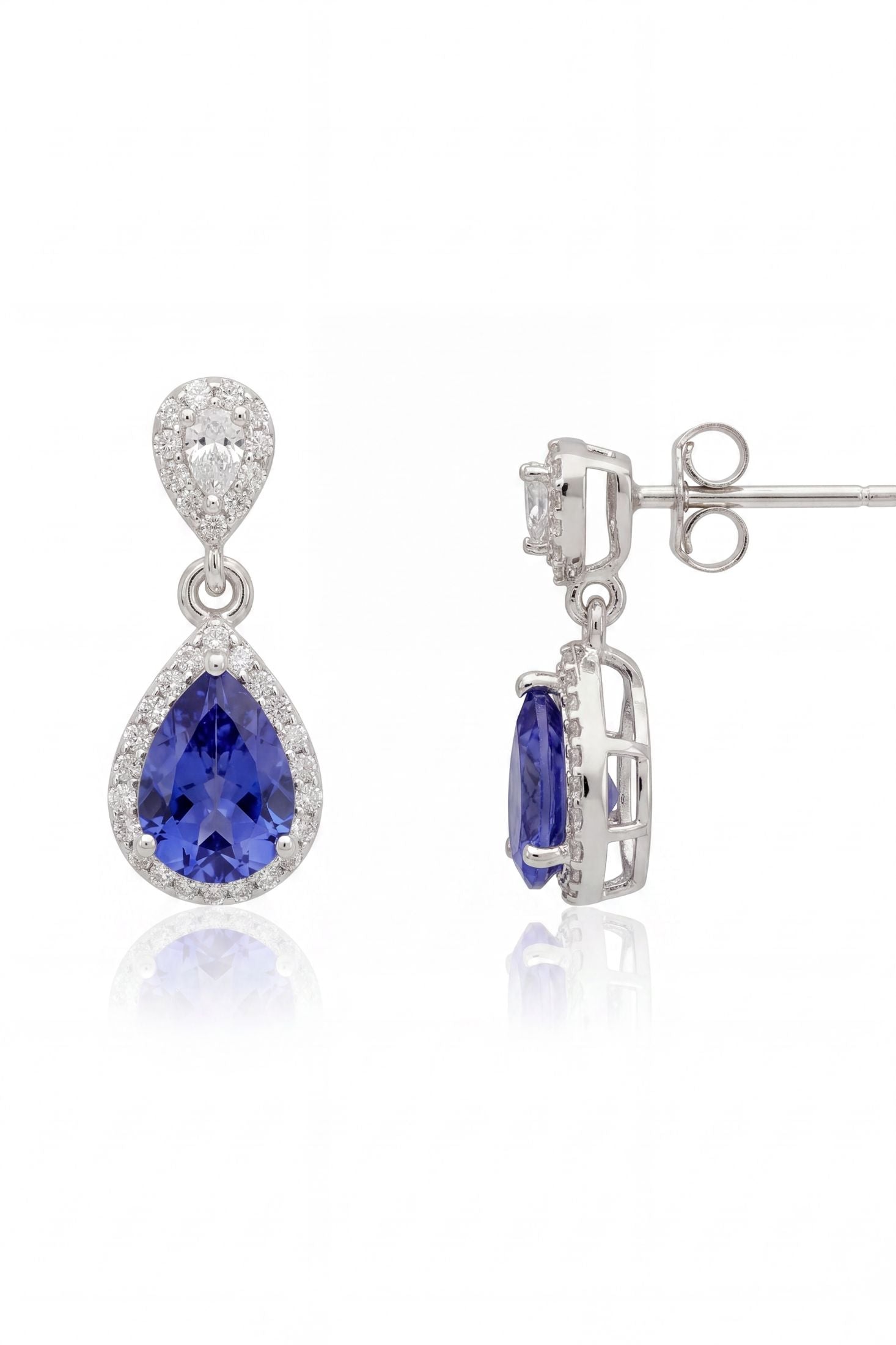 Angled view of Phillippa Drop Earrings Tanzanite Silver, showing tanzanite detailing, silver finish and the jewellery profile.