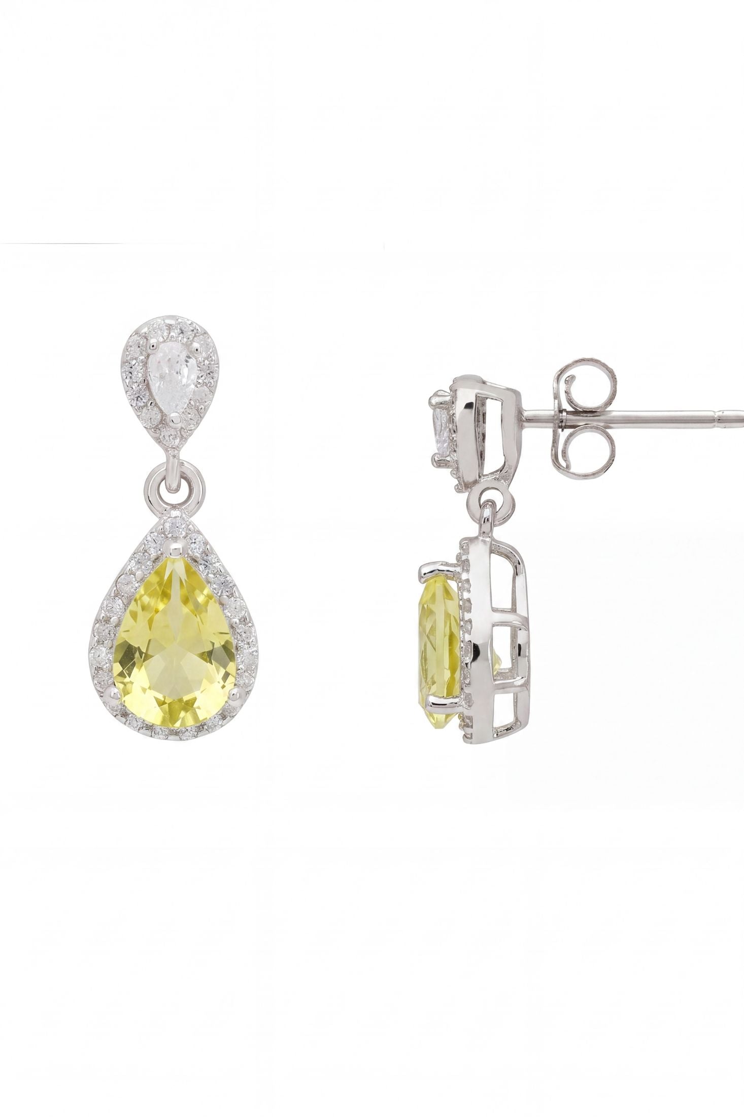 Angled view of Phillippa Drop Earrings Yellow Topaz Silver, showing silver finish and the jewellery profile.