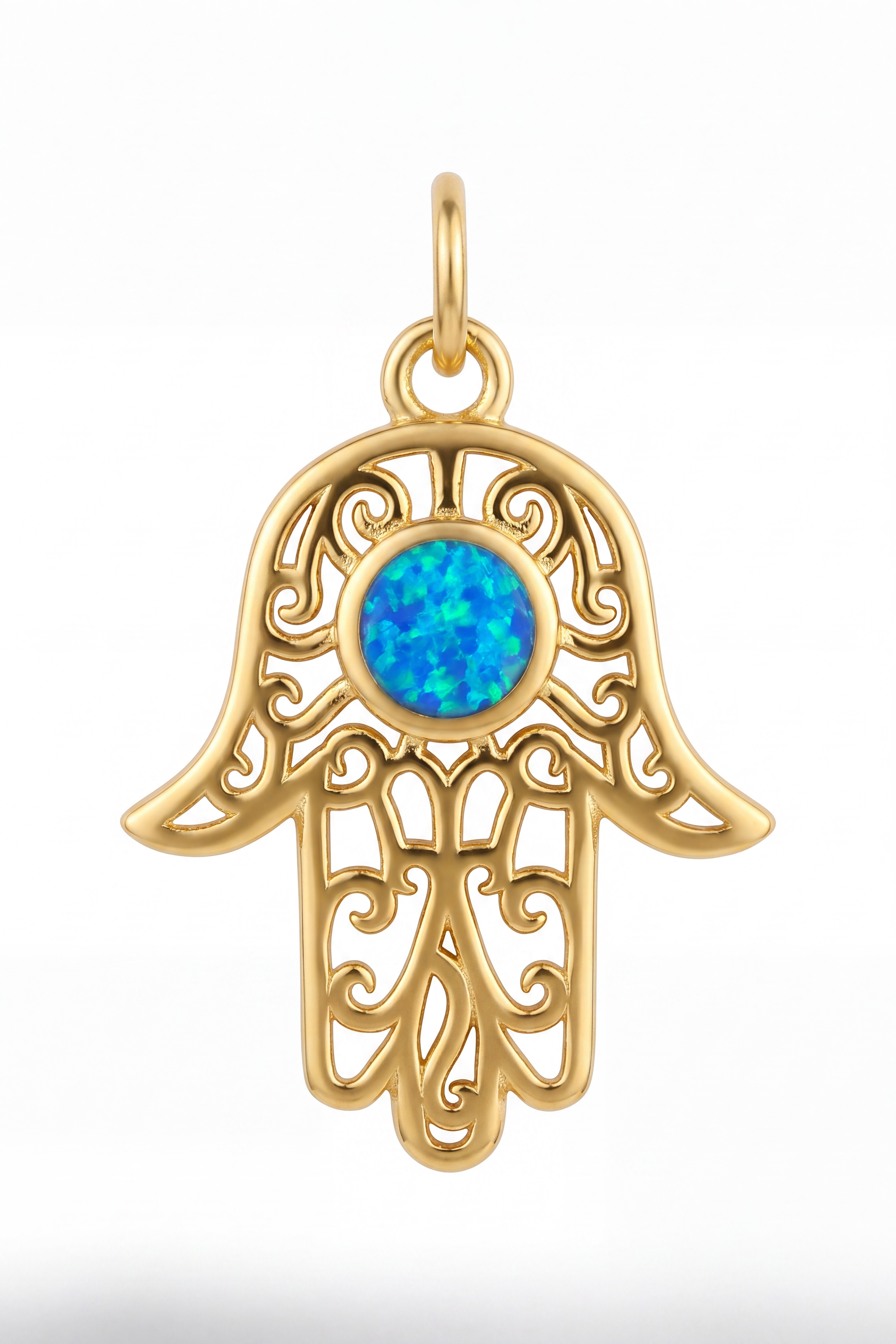 A gold Hamsa hand pendant featuring an inlaid blue opal gemstone in the center, set against a clean white background.