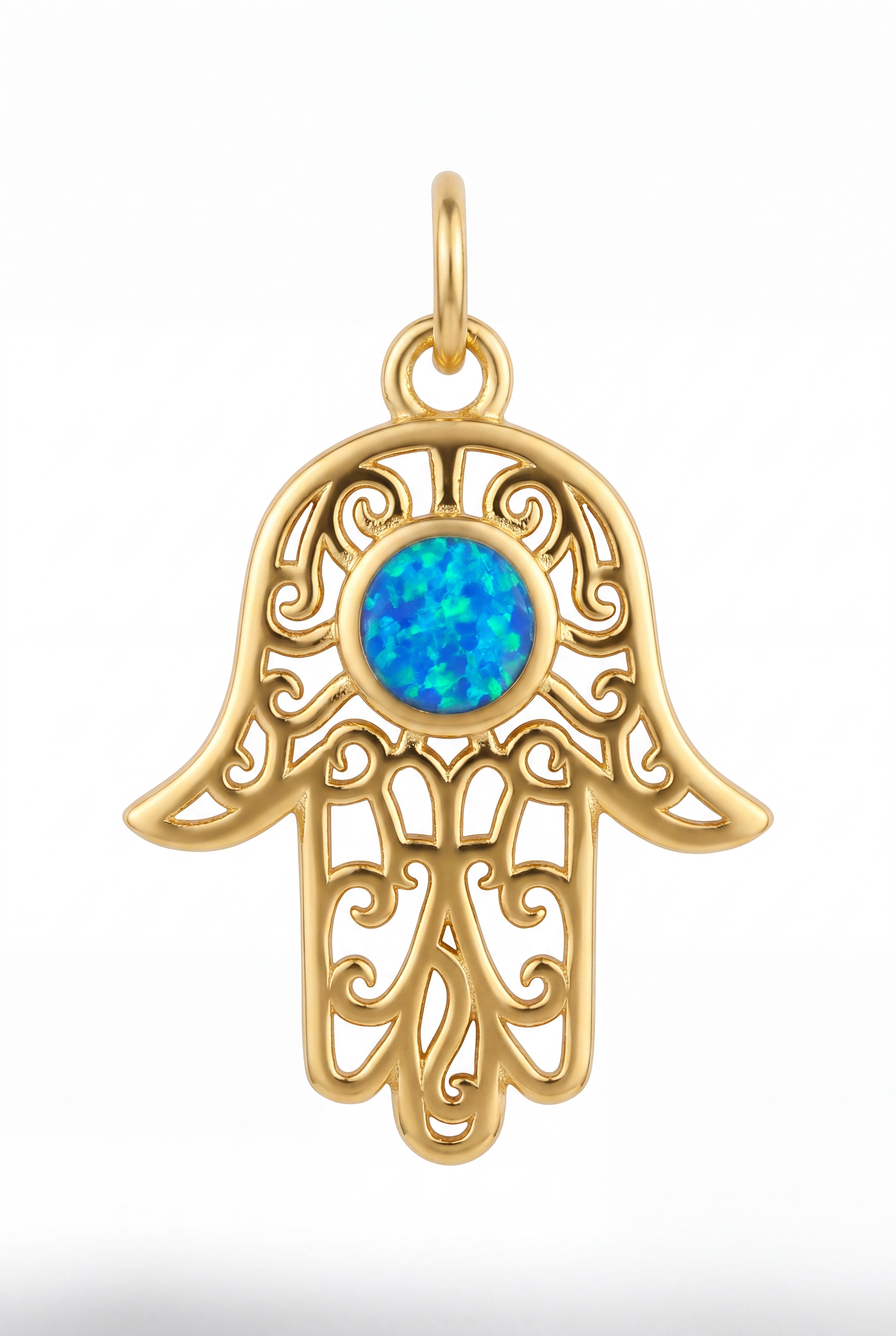 Hamsa Hand Filigree Blue Opal Pendant Necklace Gold