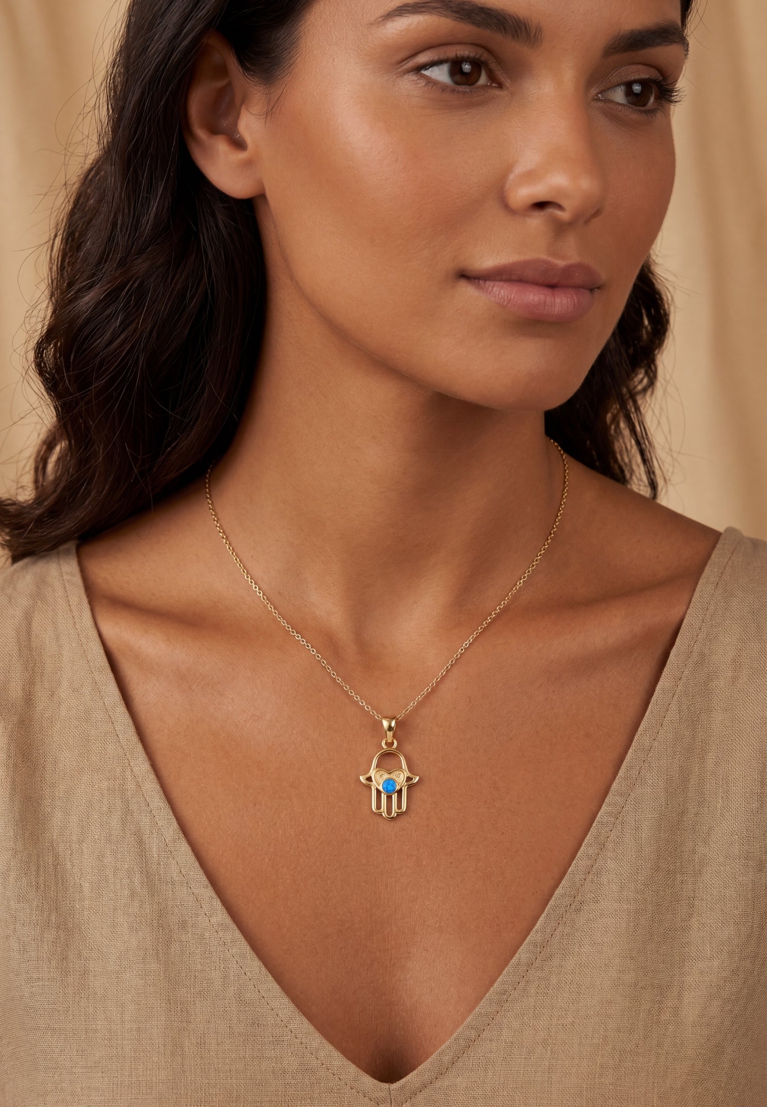 Love My Hamsa Hand Blue Opal Pendant Necklace Gold