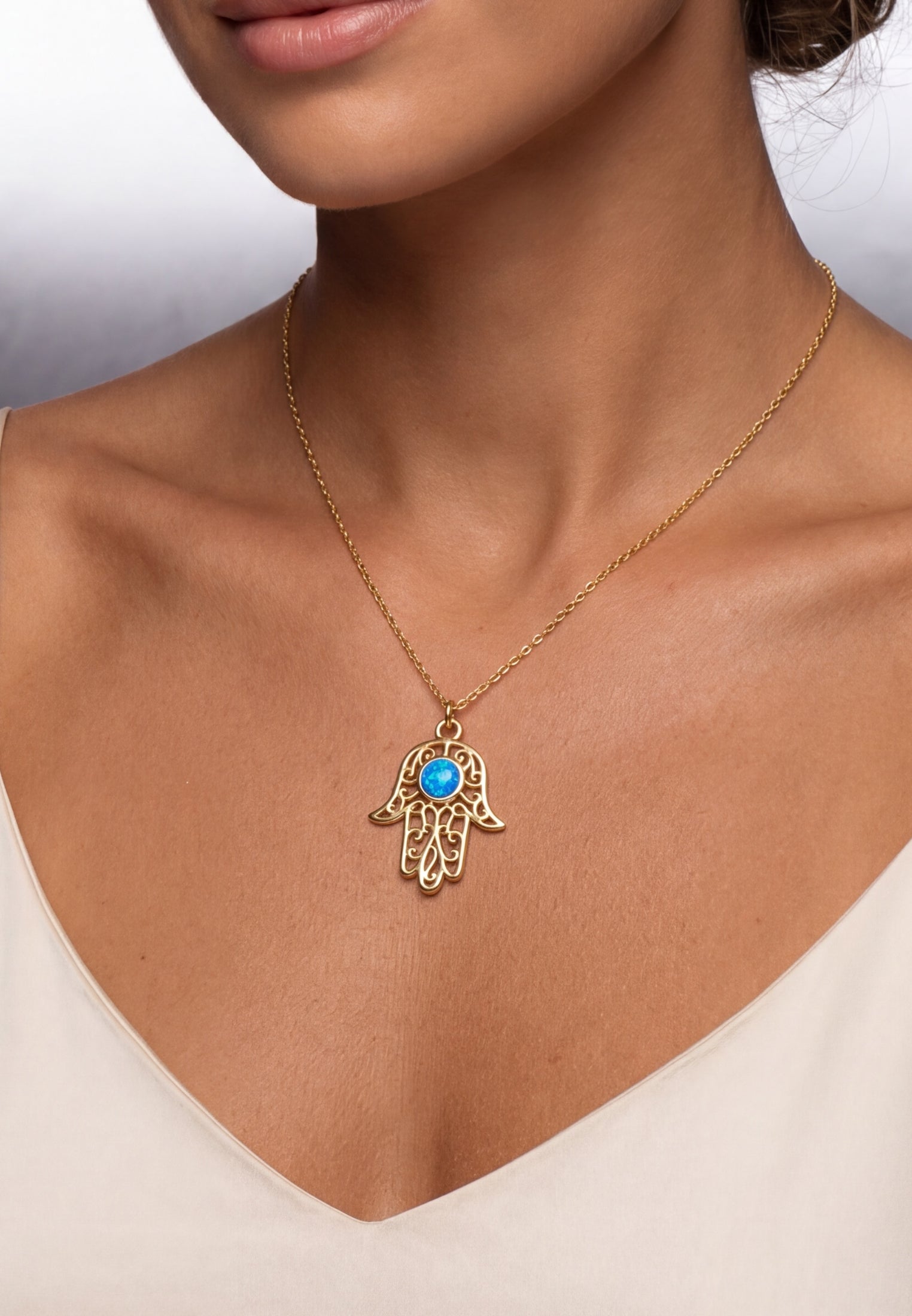 Hamsa Hand Filigree Blue Opal Pendant Necklace Gold