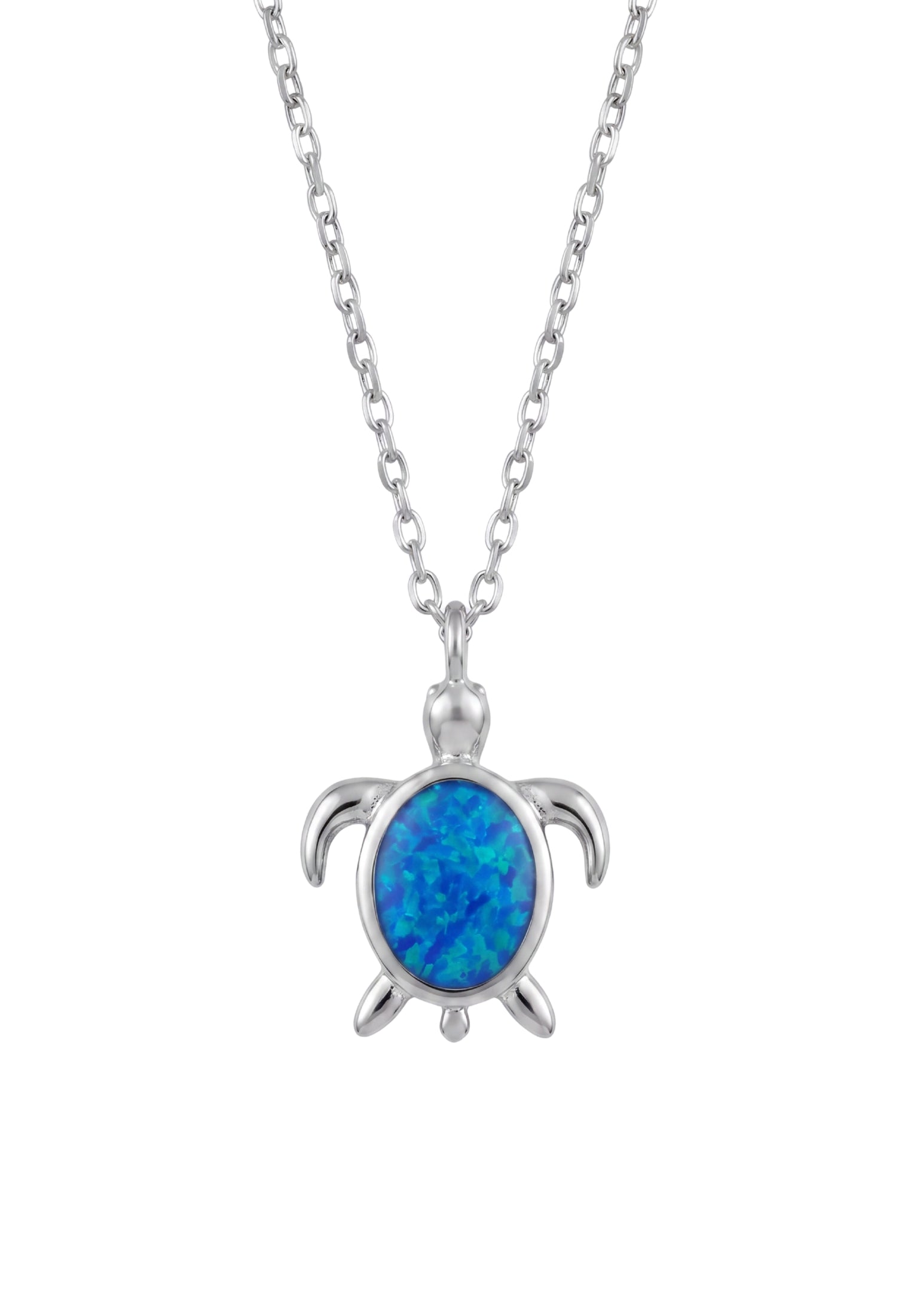 Sea Turtle Blue Opal Pendant Necklace Silver