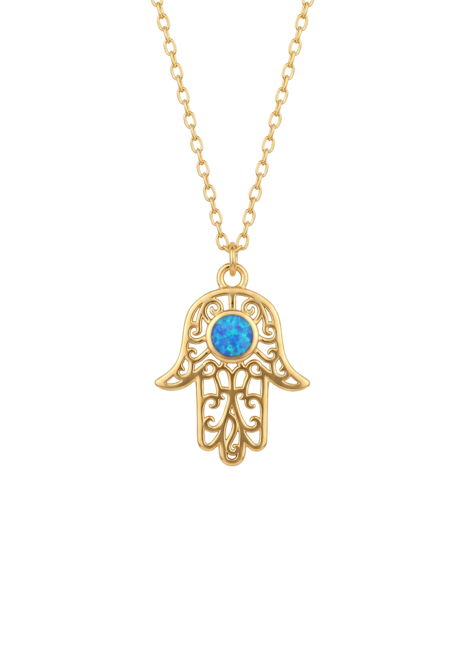 Hamsa Hand Filigree Blue Opal Pendant Necklace Gold