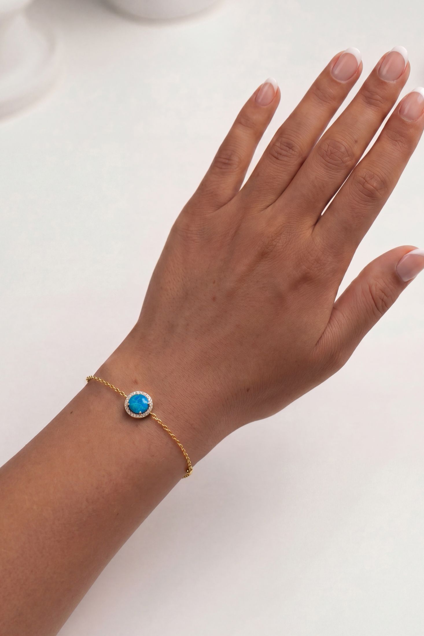 Round Blue Opal Bracelet Gold CZ