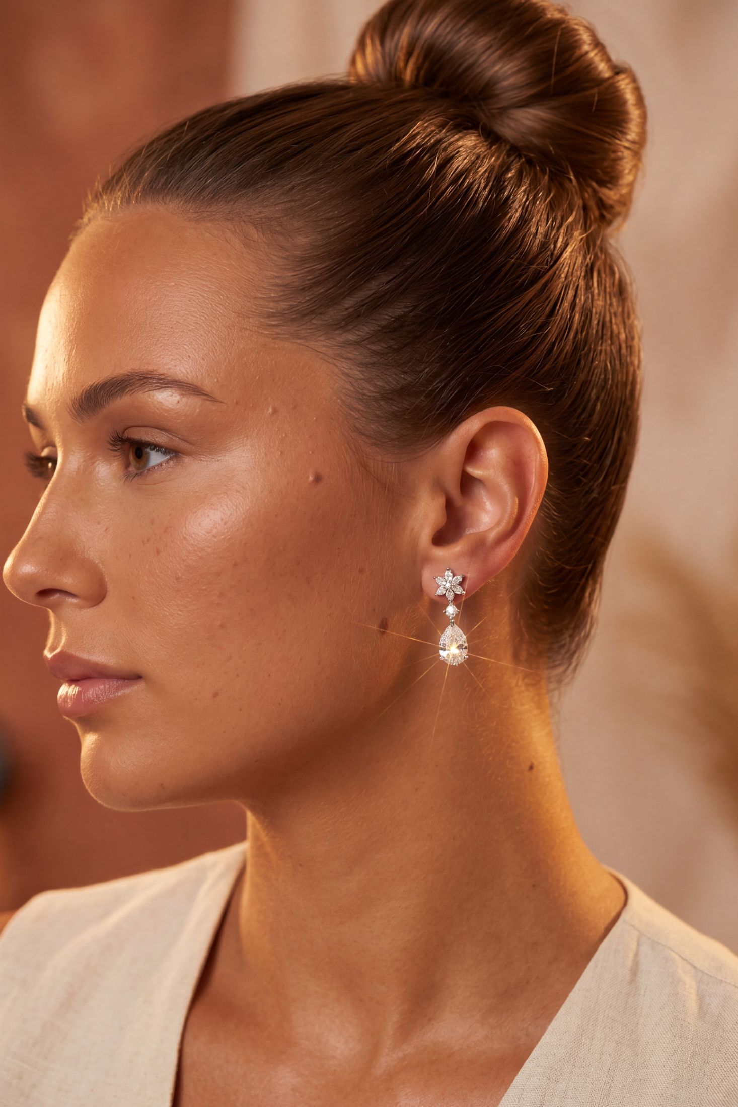 A close-up side profile of a woman with her hair in a bun, wearing a delicate drop earring with a silver-toned floral cluster and a clear teardrop crystal pendant against a warm, softly blurred background.