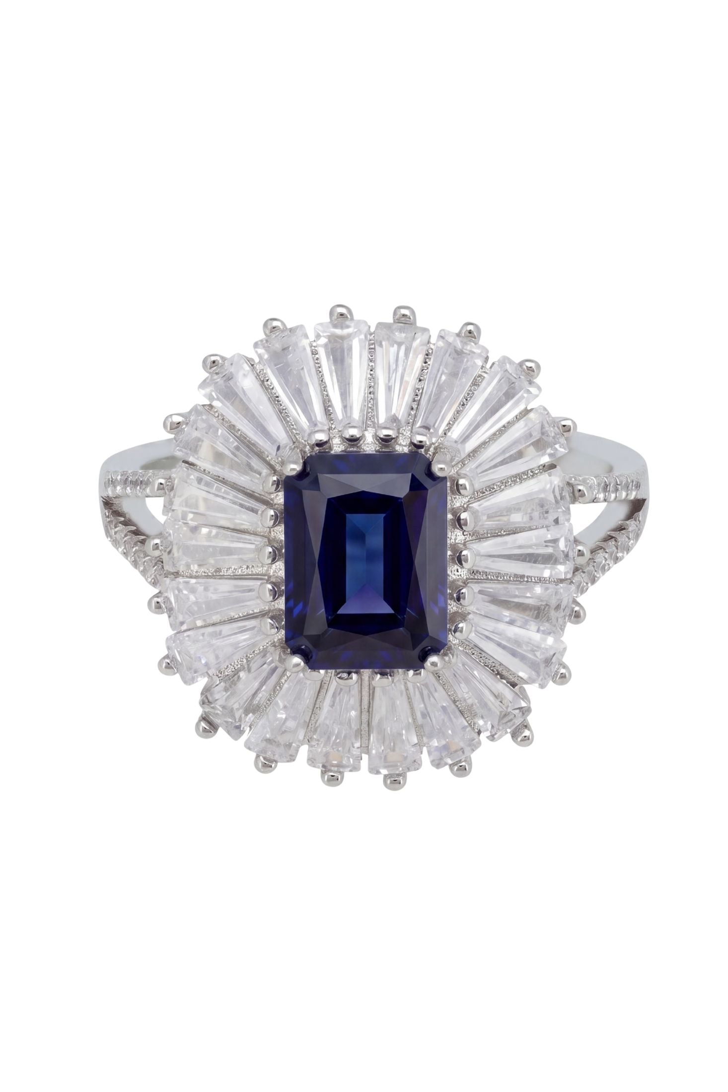 Angled view of Countess Cocktail Ring Sapphire Silver, showing sapphire detailing, silver finish and the jewellery profile.