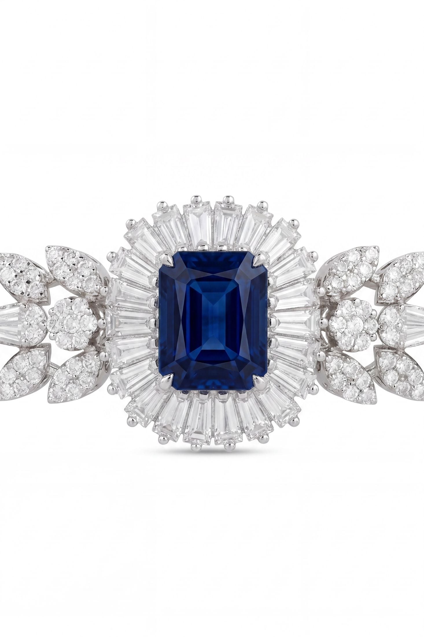 Angled view of Countess Gemstone Bracelet Sapphire Silver, showing sapphire detailing, silver finish and the jewellery profile.