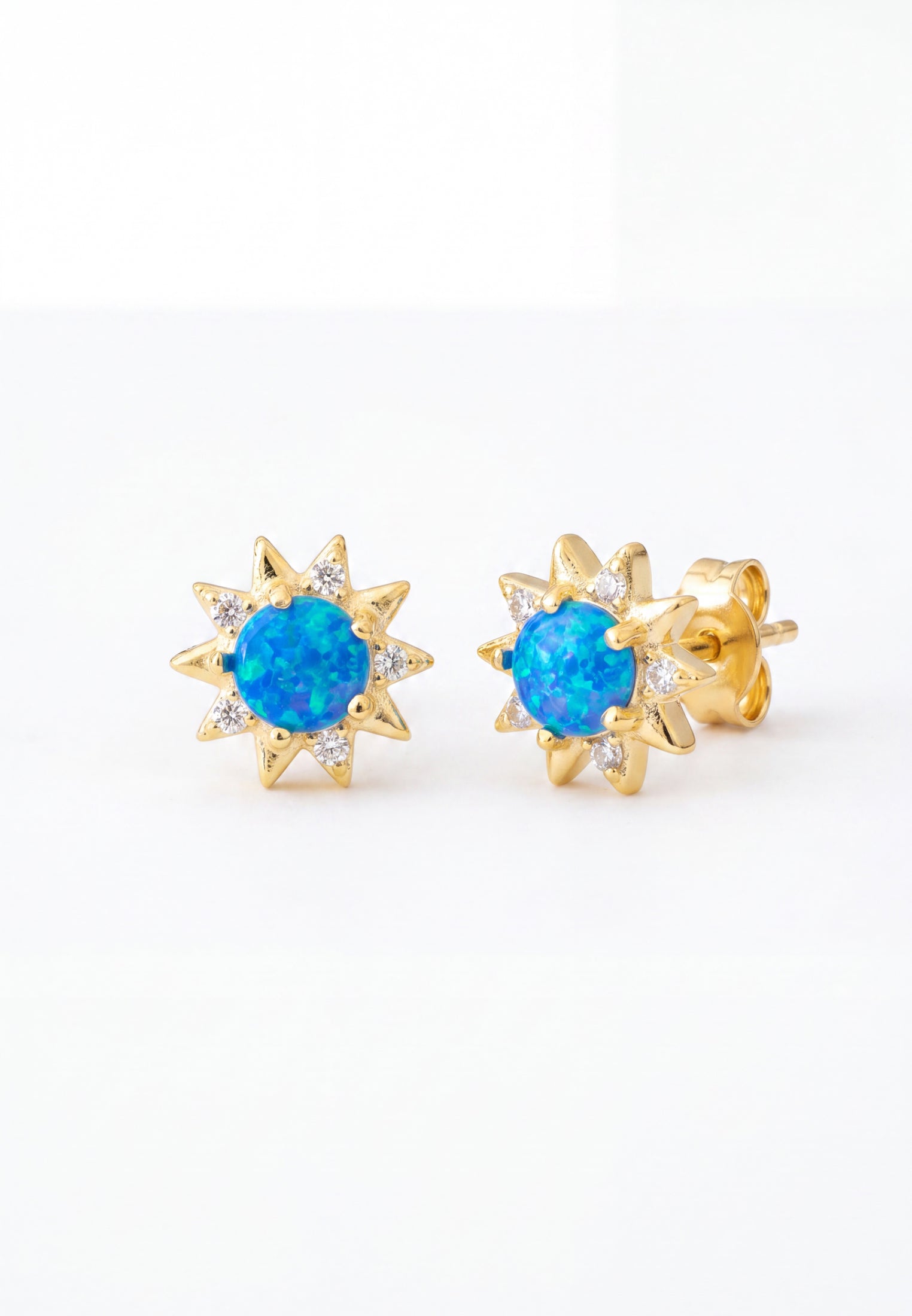 Sunflower Blue Opal Stud Earrings Gold