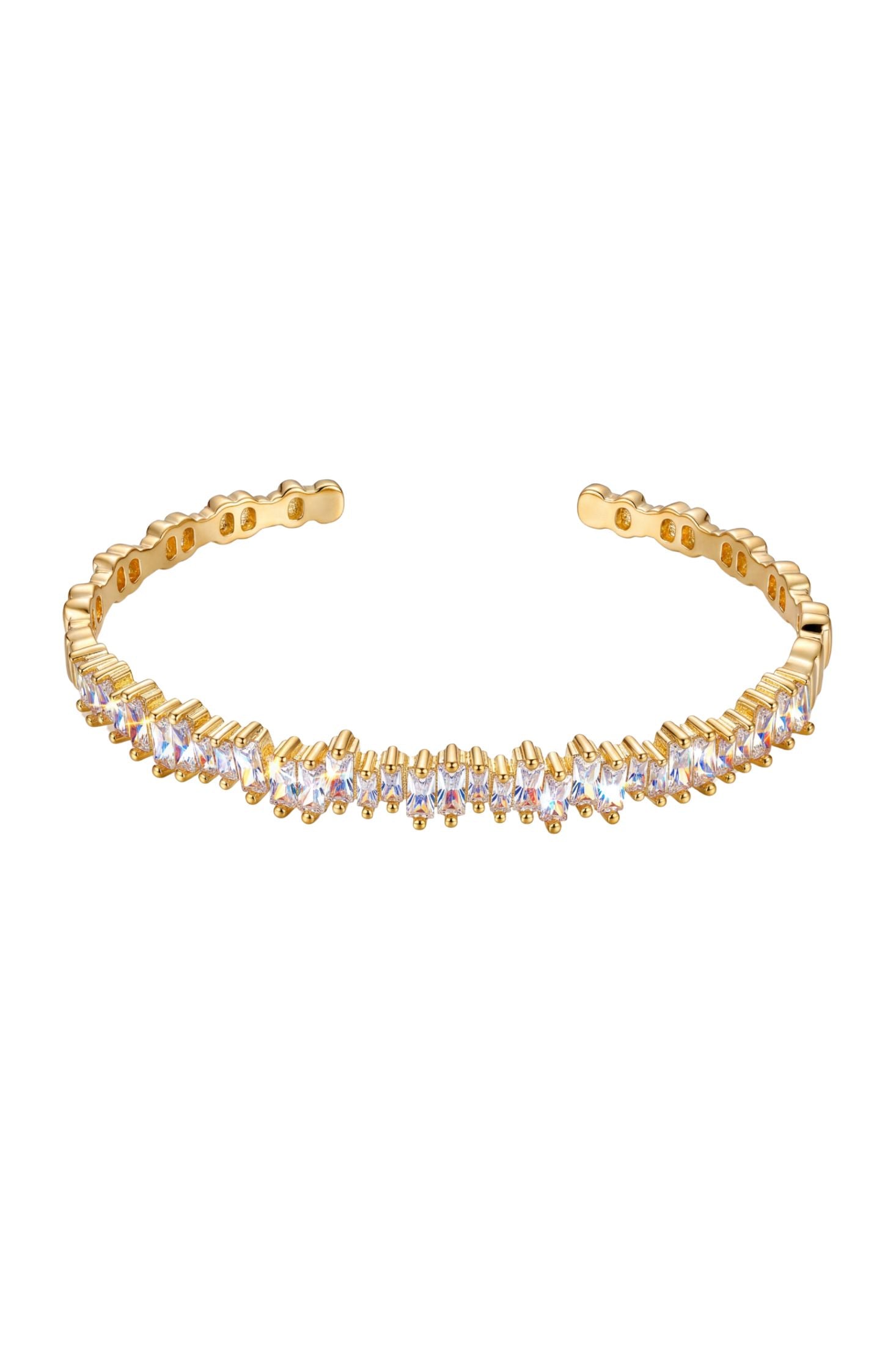 Angled view of Baguette Ice Cuff Bangle Gold White, showing gold finish and the jewellery profile.