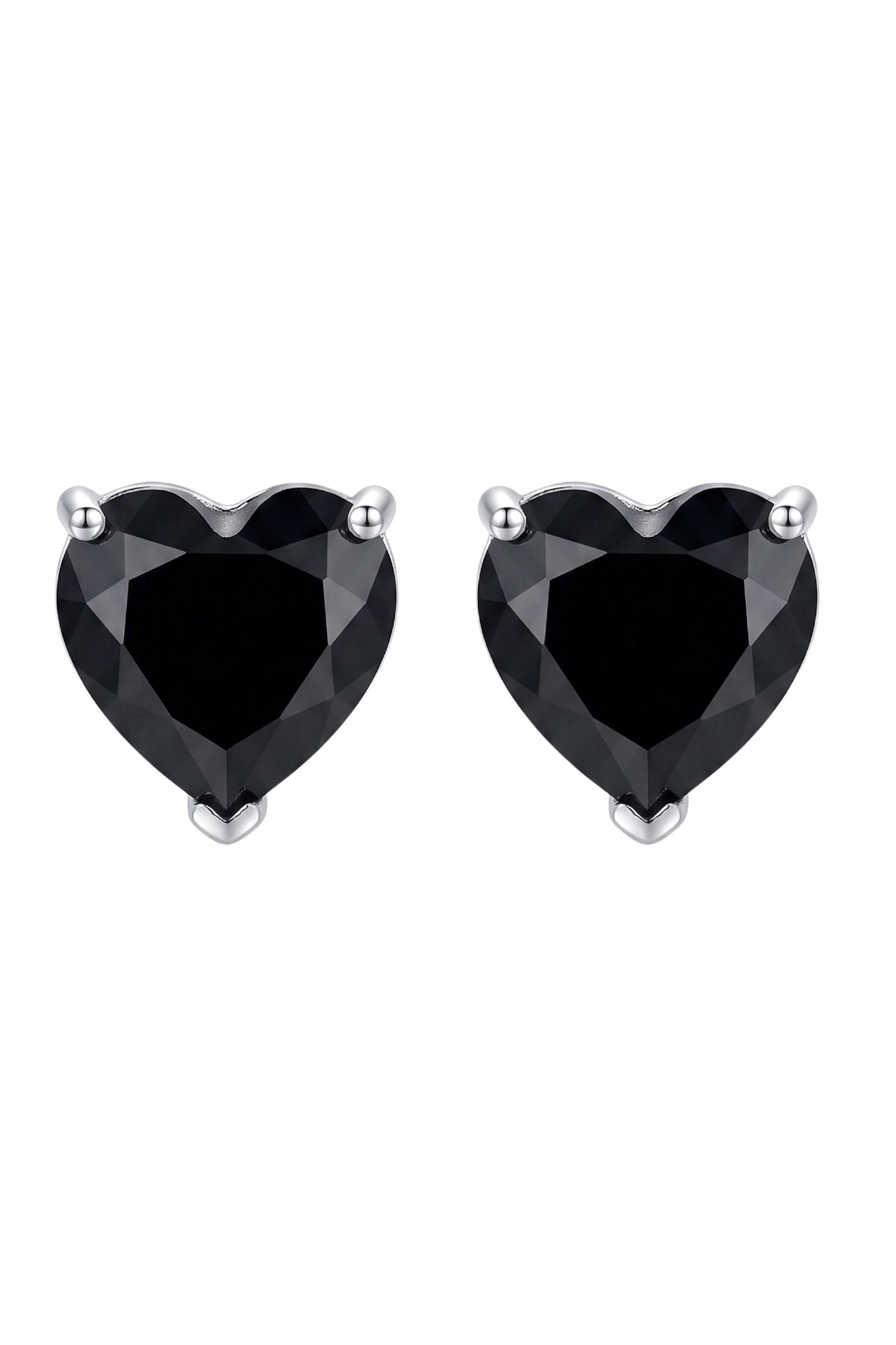 Front view of Amore Heart Black Spinel Stud Earrings Silver, showing heart design, silver finish.