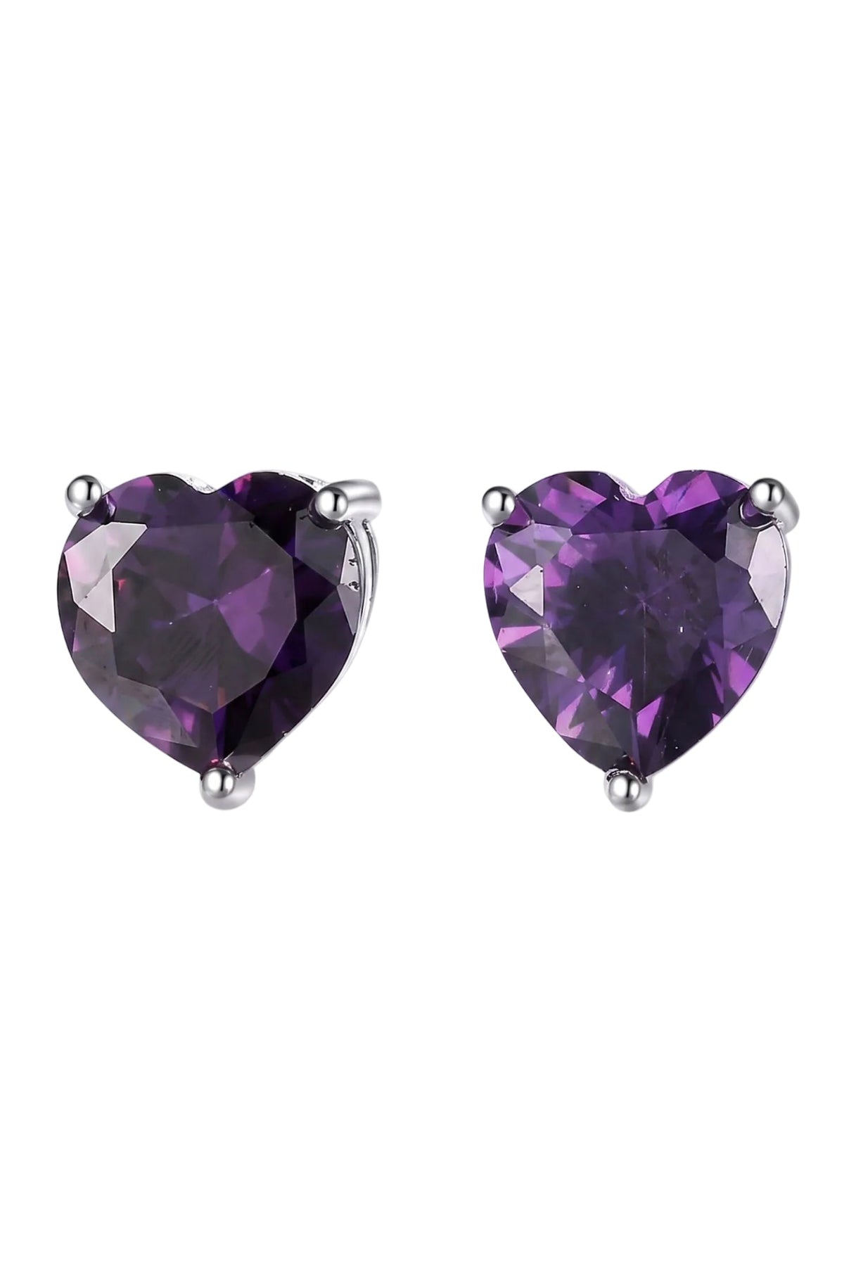 Front view of Amore Heart Amethyst Stud Earrings Silver, showing heart design, amethyst detailing, silver finish.