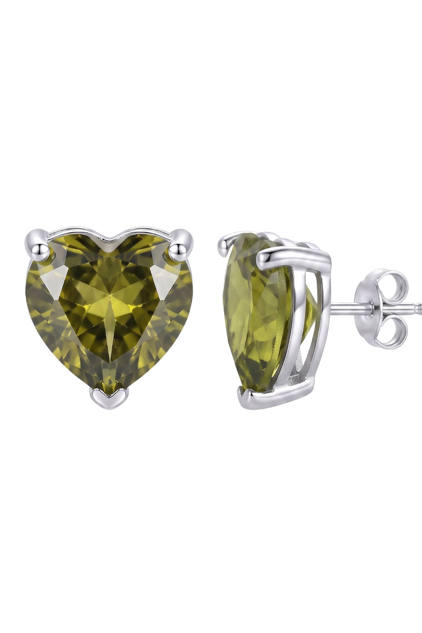 Close-up of Amore Heart Peridot Stud Earrings Silver, highlighting heart design, peridot detailing, silver finish.