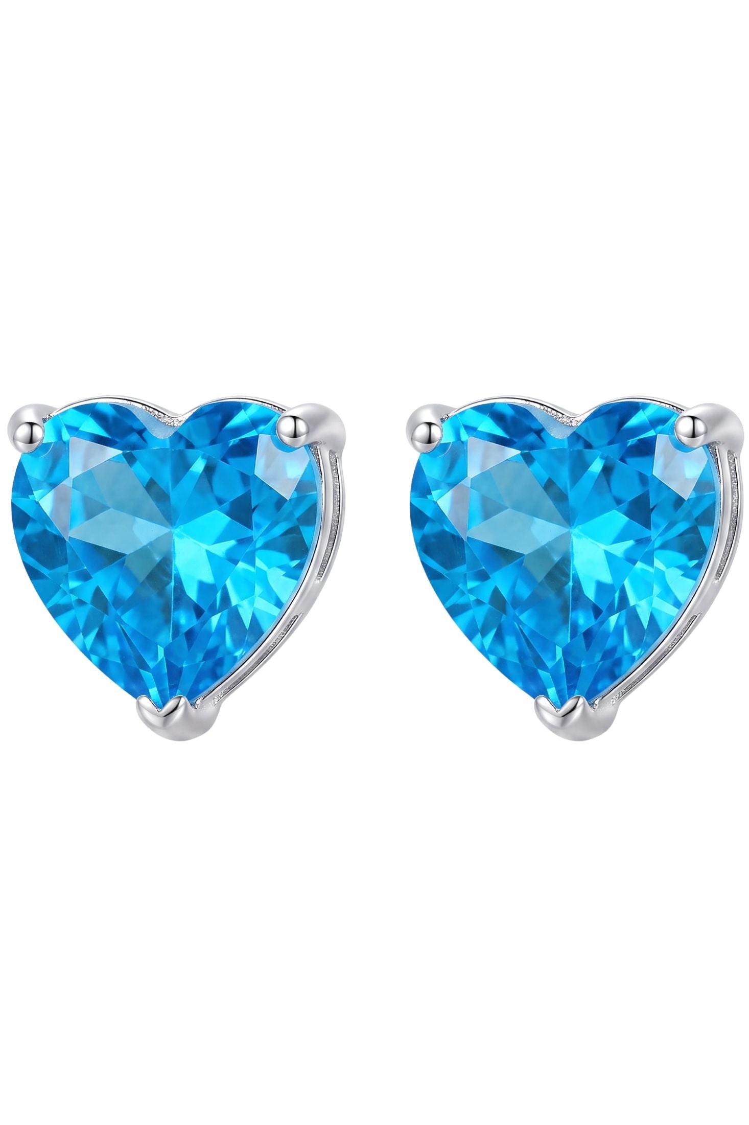 Front view of Amore Heart Blue Topaz Stud Earrings Silver, showing heart design, blue topaz detailing, silver finish.