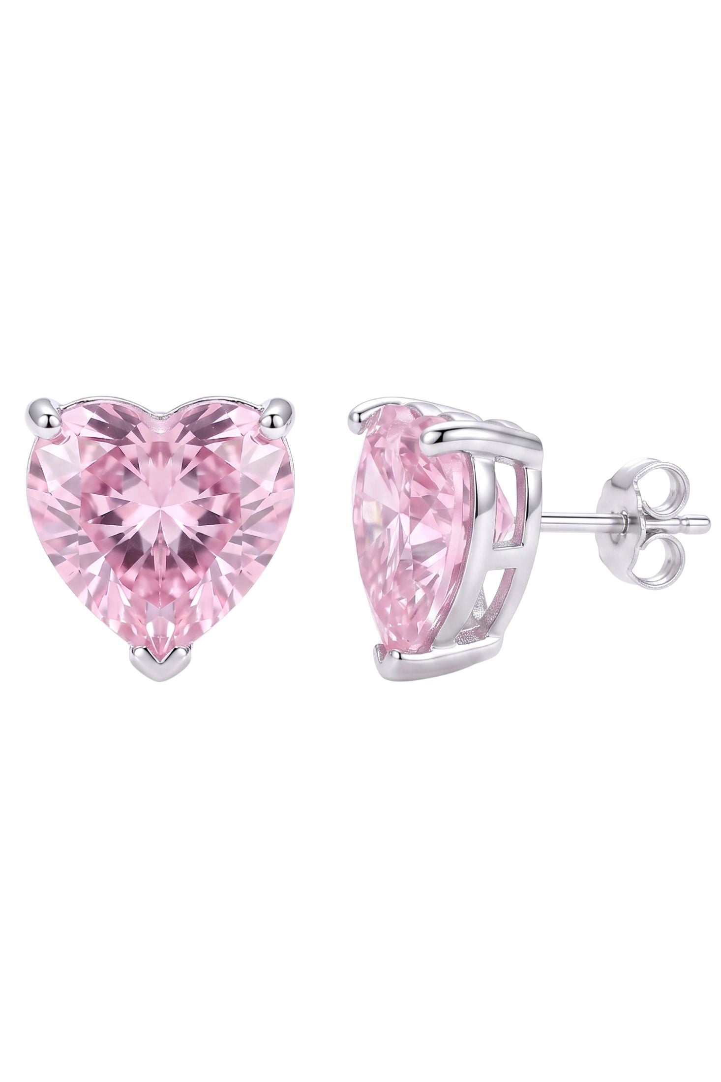 Angled view of Amore Heart Morganite Stud Earrings Silver, showing heart design, silver finish and the jewellery profile.