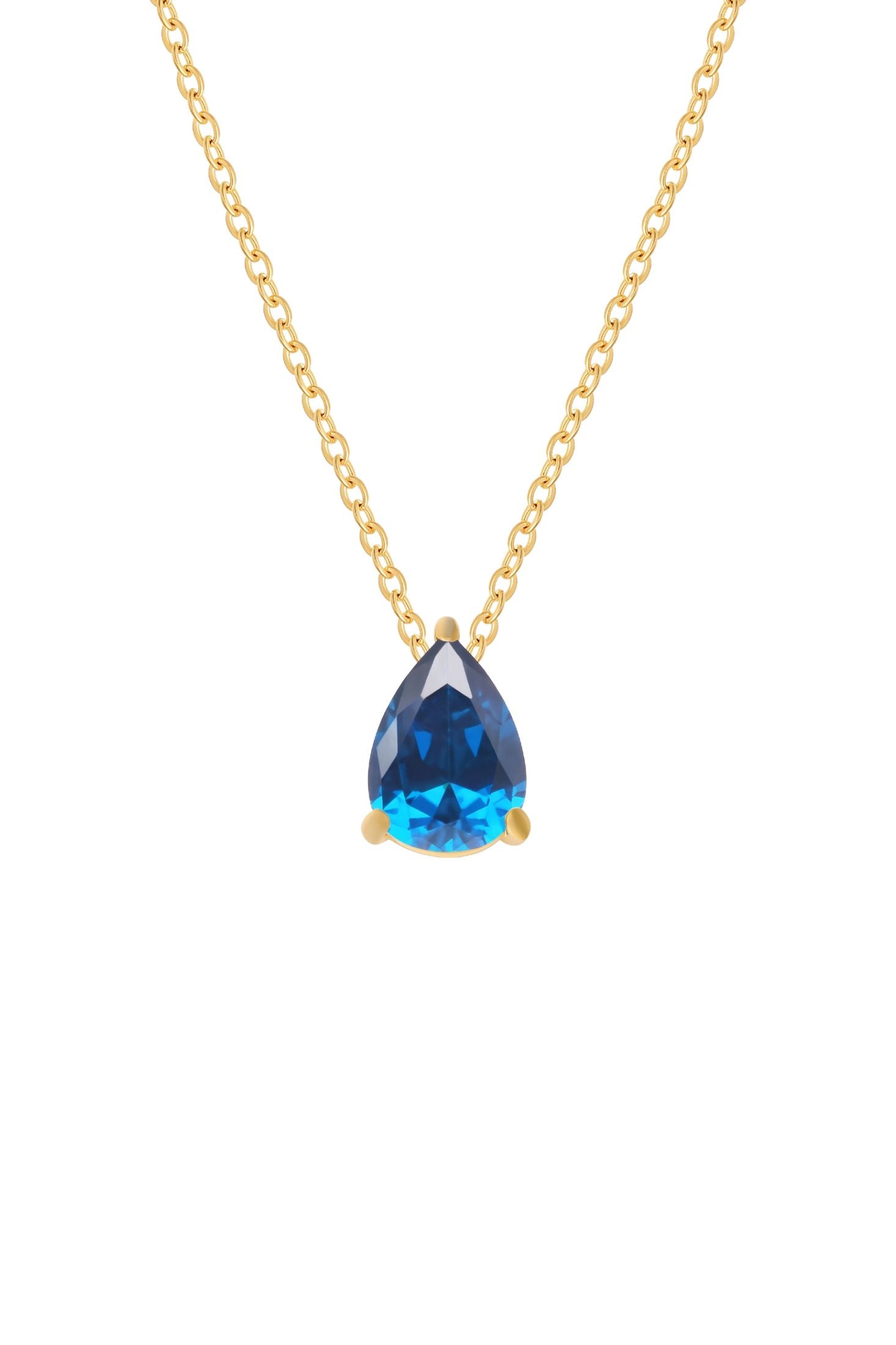 Front view of Adele Teardrop Necklace Gold Blue Topaz, showing cat design, blue topaz detailing, gold finish.