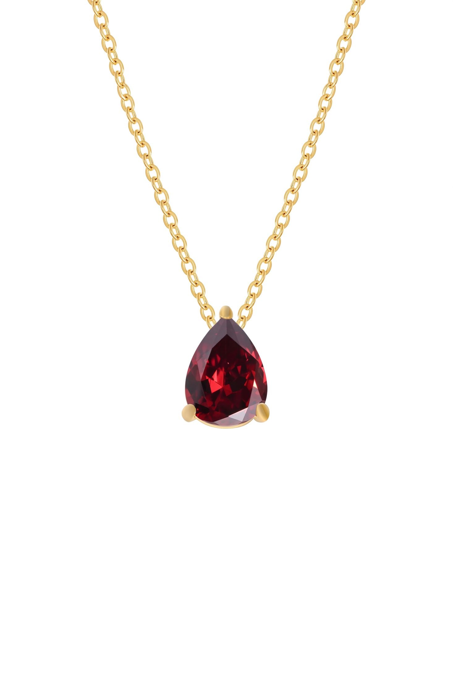 Front view of Adele Teardrop Necklace Gold Ruby, showing cat design, ruby detailing, gold finish.