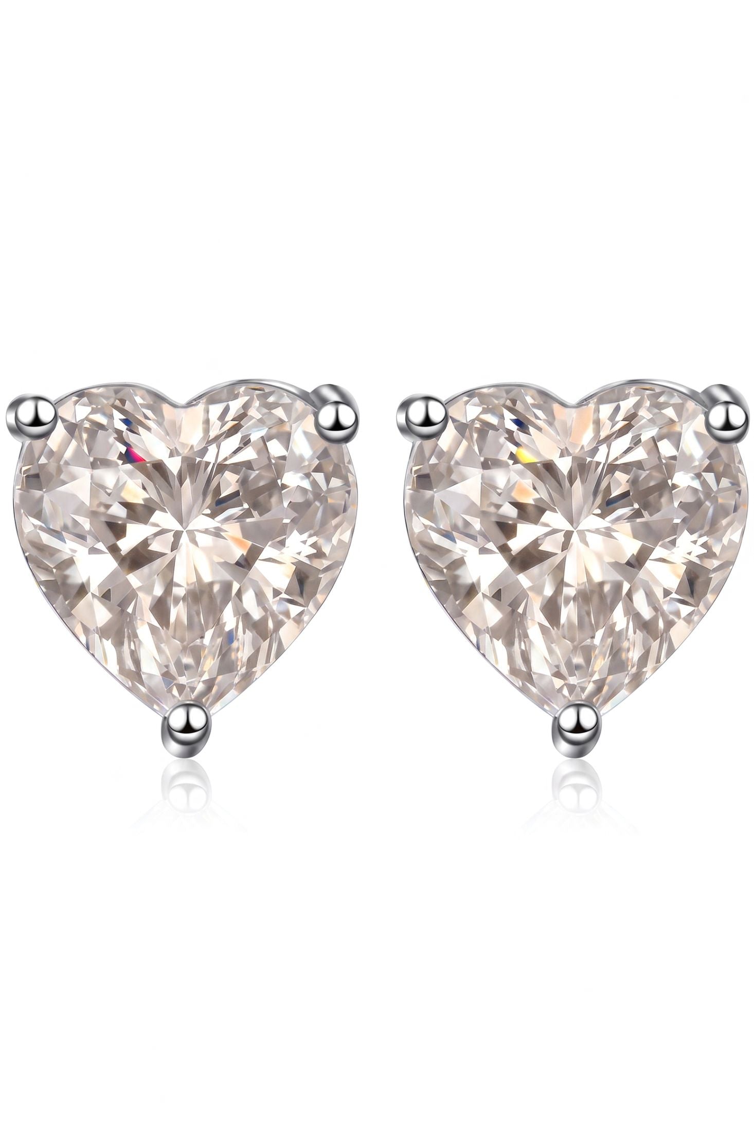 Front view of Amore Heart Moissanite Stud Earrings Silver, showing heart design, silver finish.