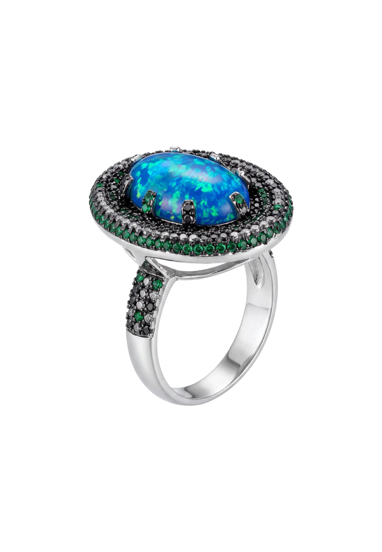 Oval blue opal ring with black and green gemstone halo in silver setting