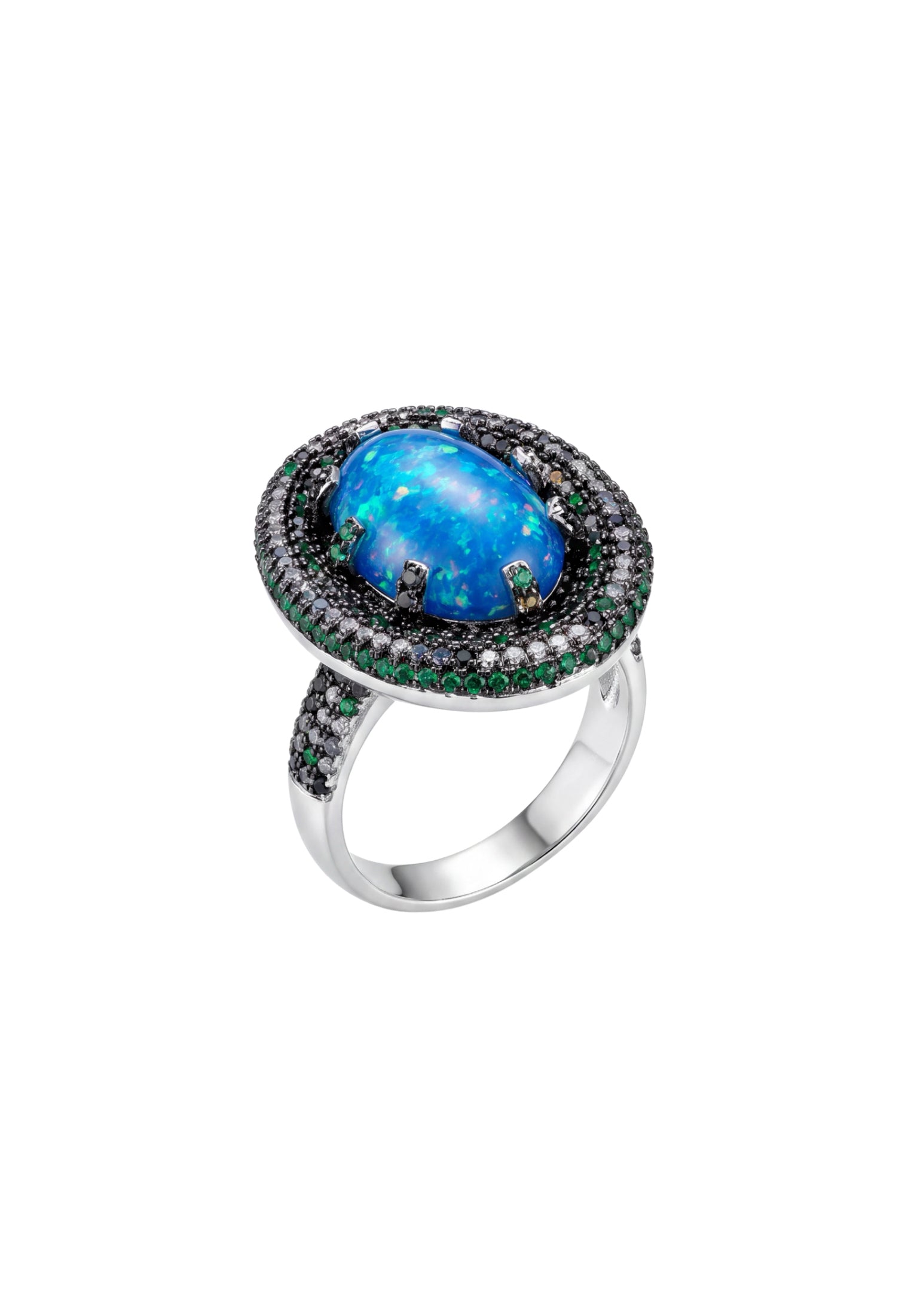 Handmade silver ring featuring a large oval blue opal surrounded by black and green gemstones.