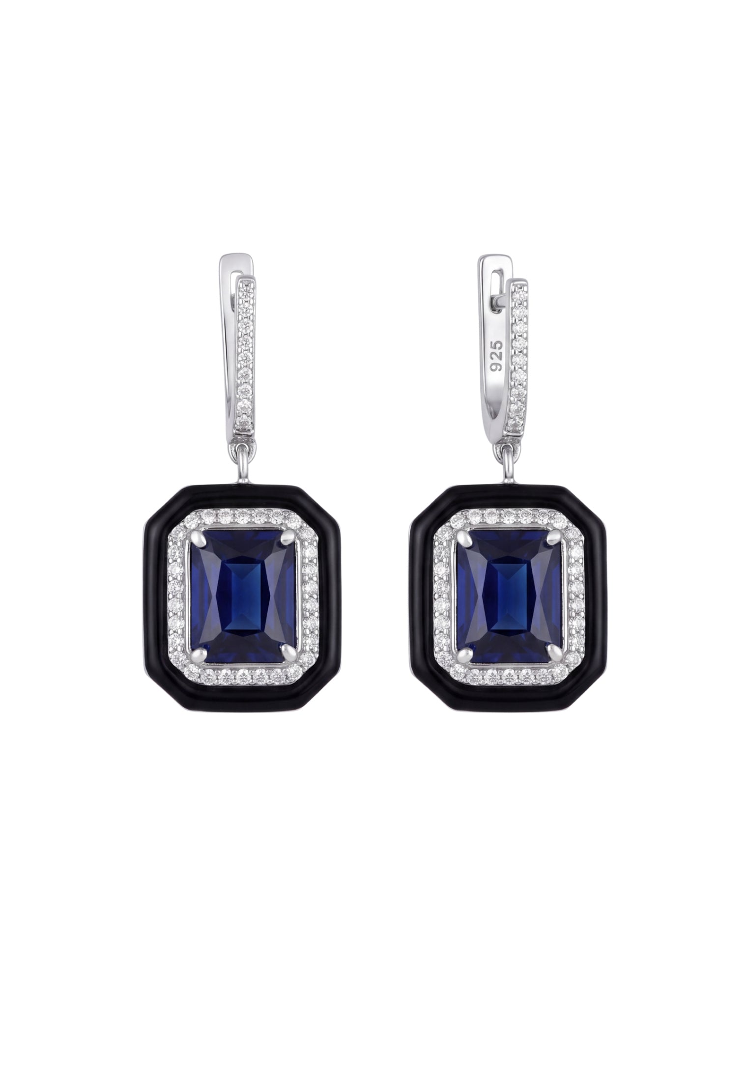 Art déco Saphir & Émail Boucles d’oreilles pendantes Argenté
