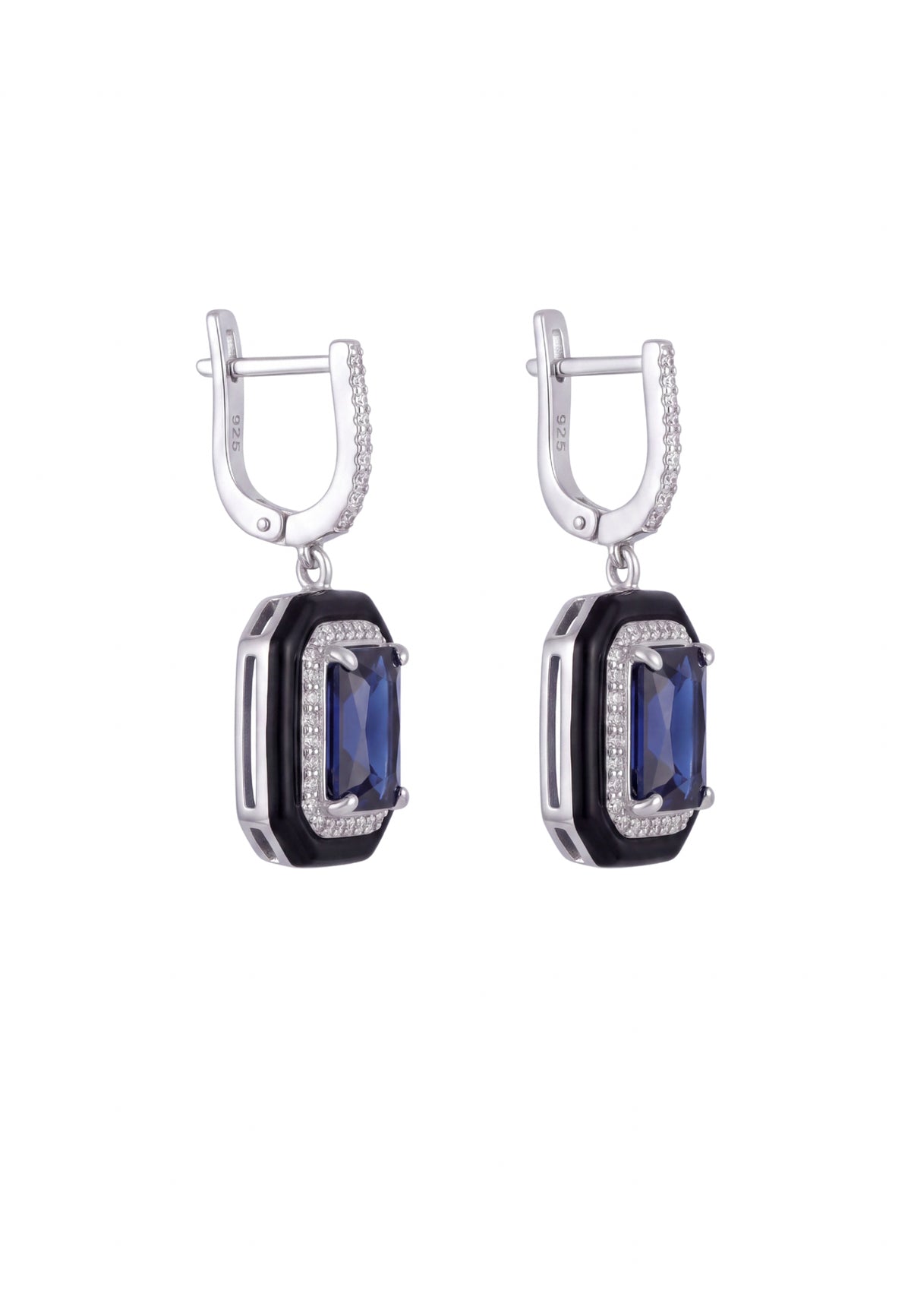 Art déco Saphir & Émail Boucles d’oreilles pendantes Argenté