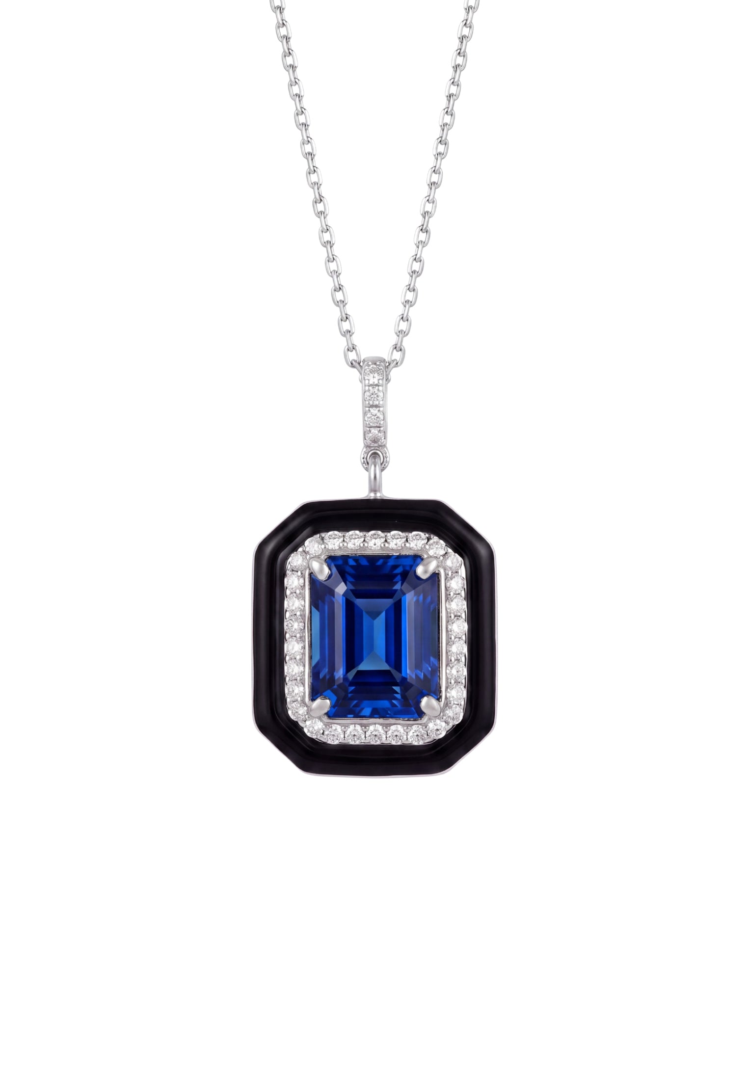 Art Deco Sapphire & Enamel Pendant Necklace Silver