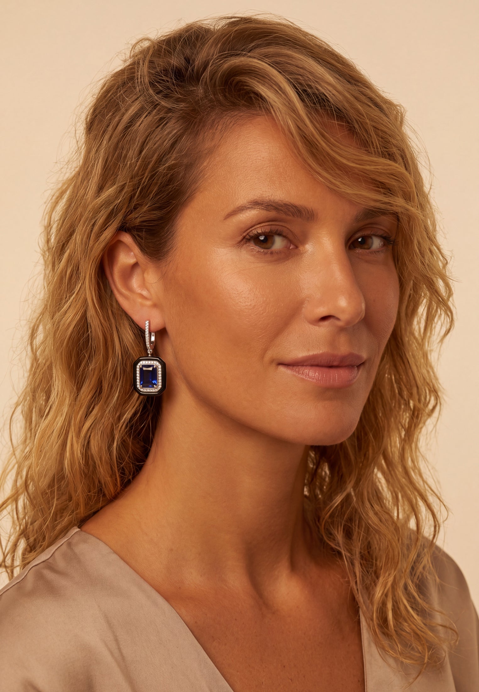 Art déco Saphir & Émail Boucles d’oreilles pendantes Argenté