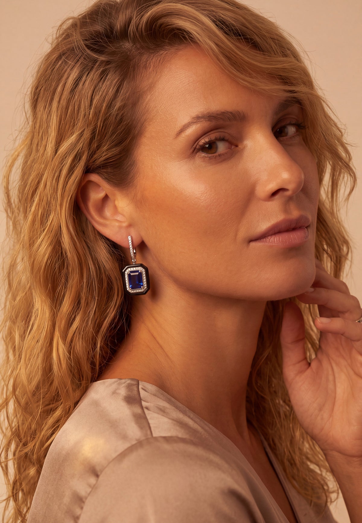 Art déco Saphir & Émail Boucles d’oreilles pendantes Argenté