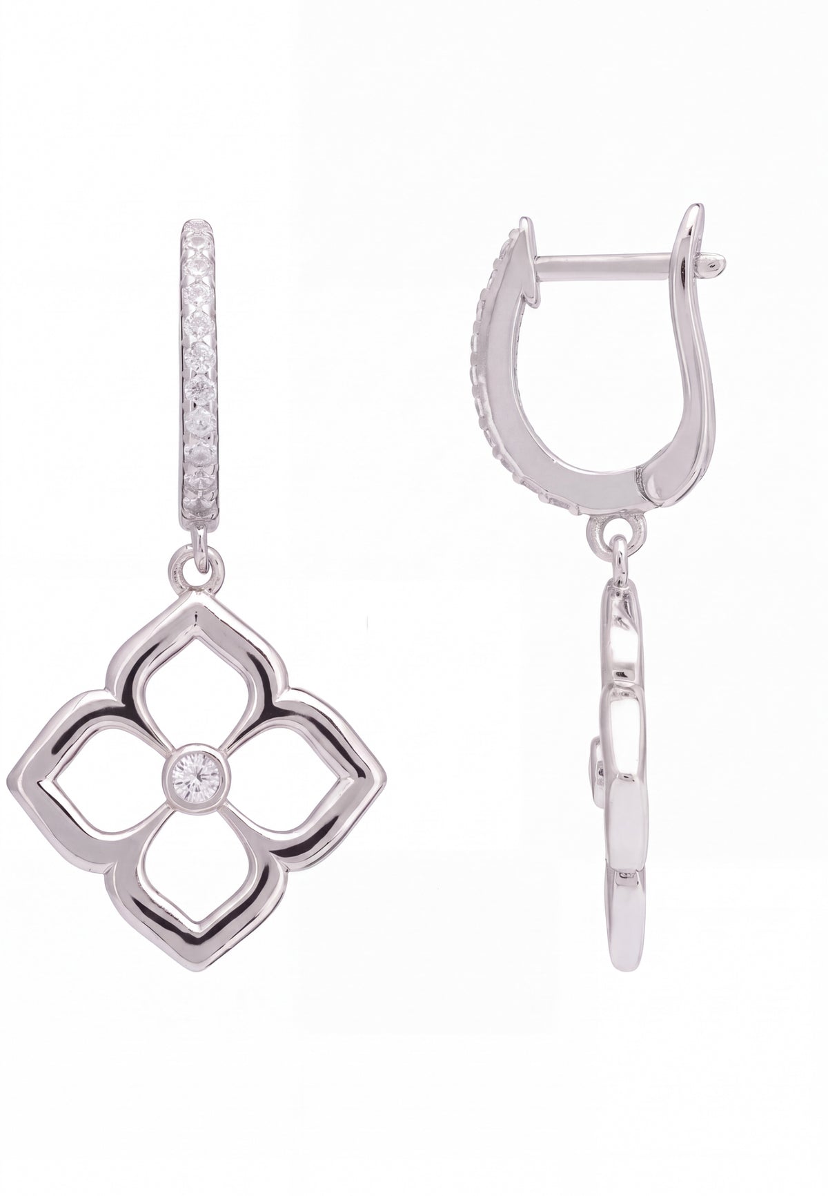 Open Pointed Clover Flower Drop Earrings Silver