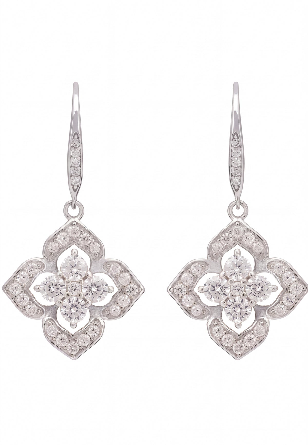 Pointed Cz Clover Flower Drop Earrings Silver